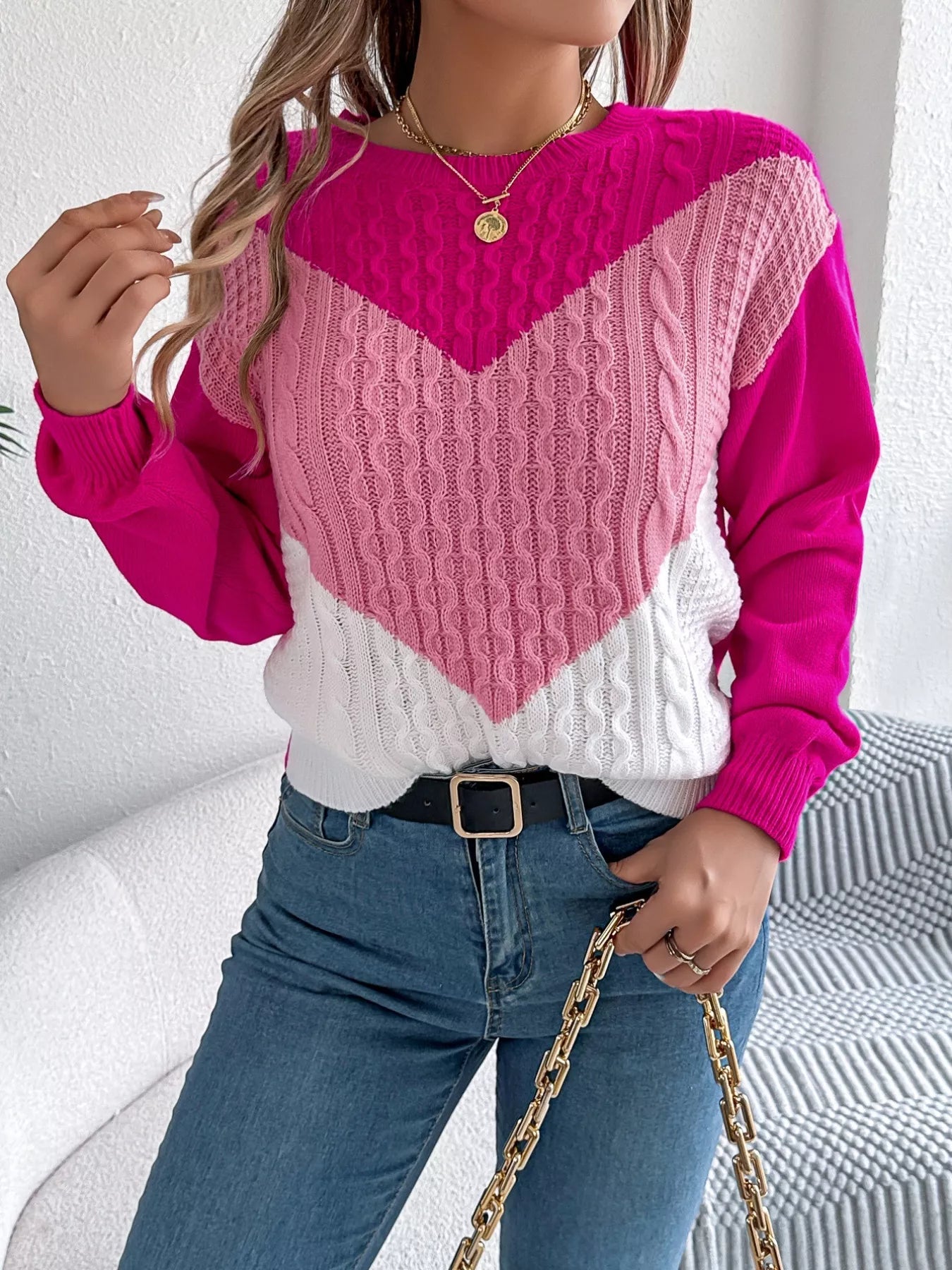 Color Block Cable Knit Sweater 