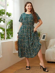 Honey Plus Size Floral Round Neck Short Sleeve Midi Dress 