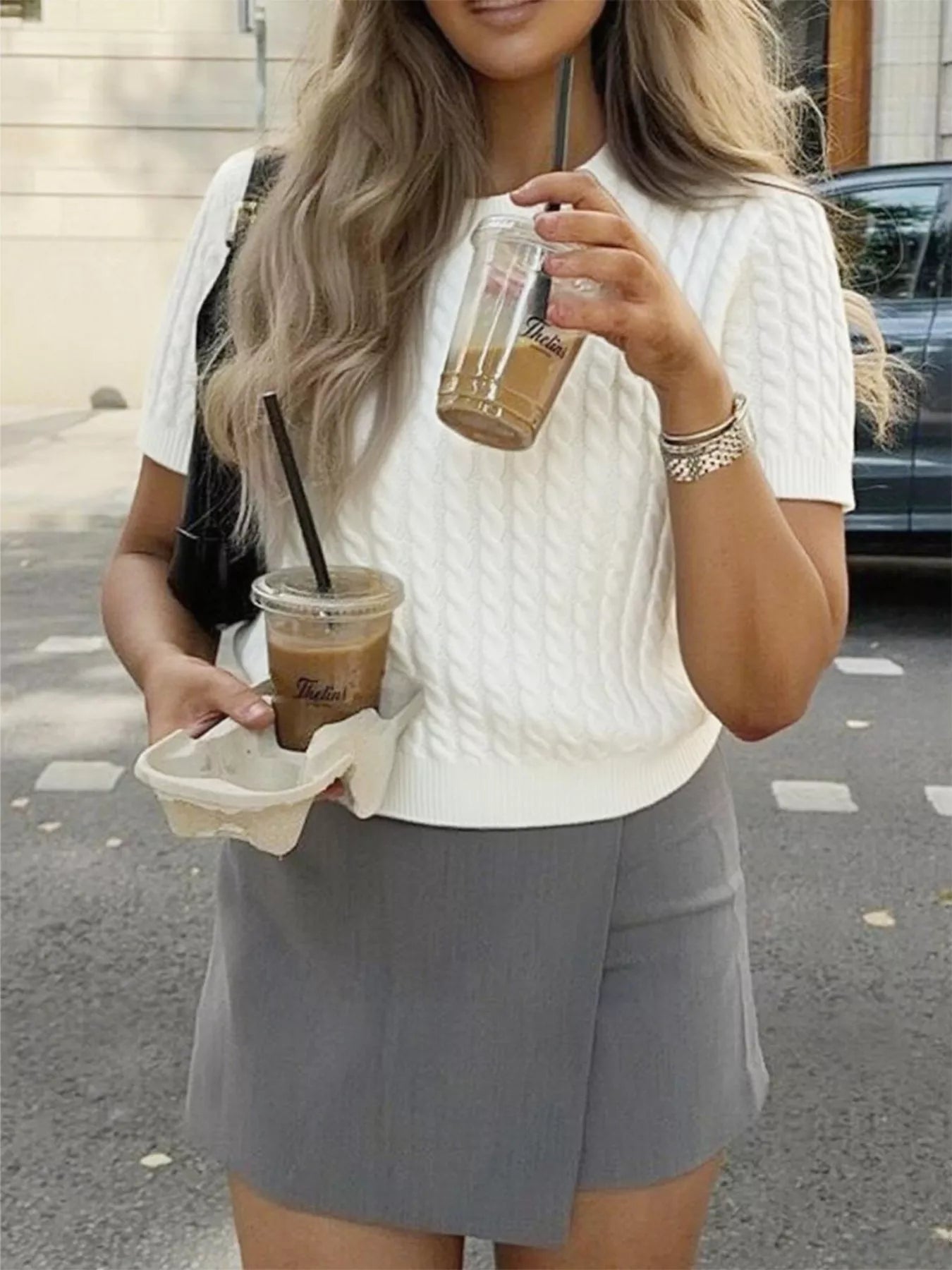 Cable-Knit Short Sleeve Sweater 