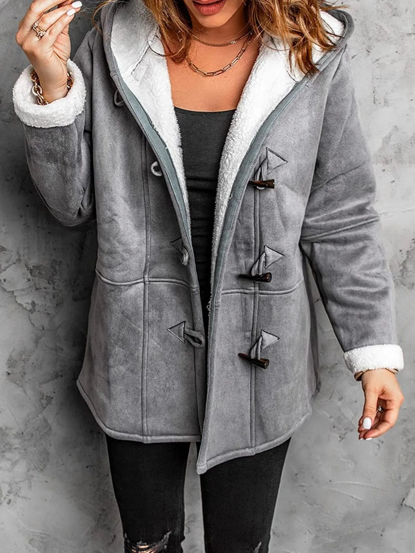 Full Size Cozy Sherpa Lined Toggle Coat with Hood Plus Size 