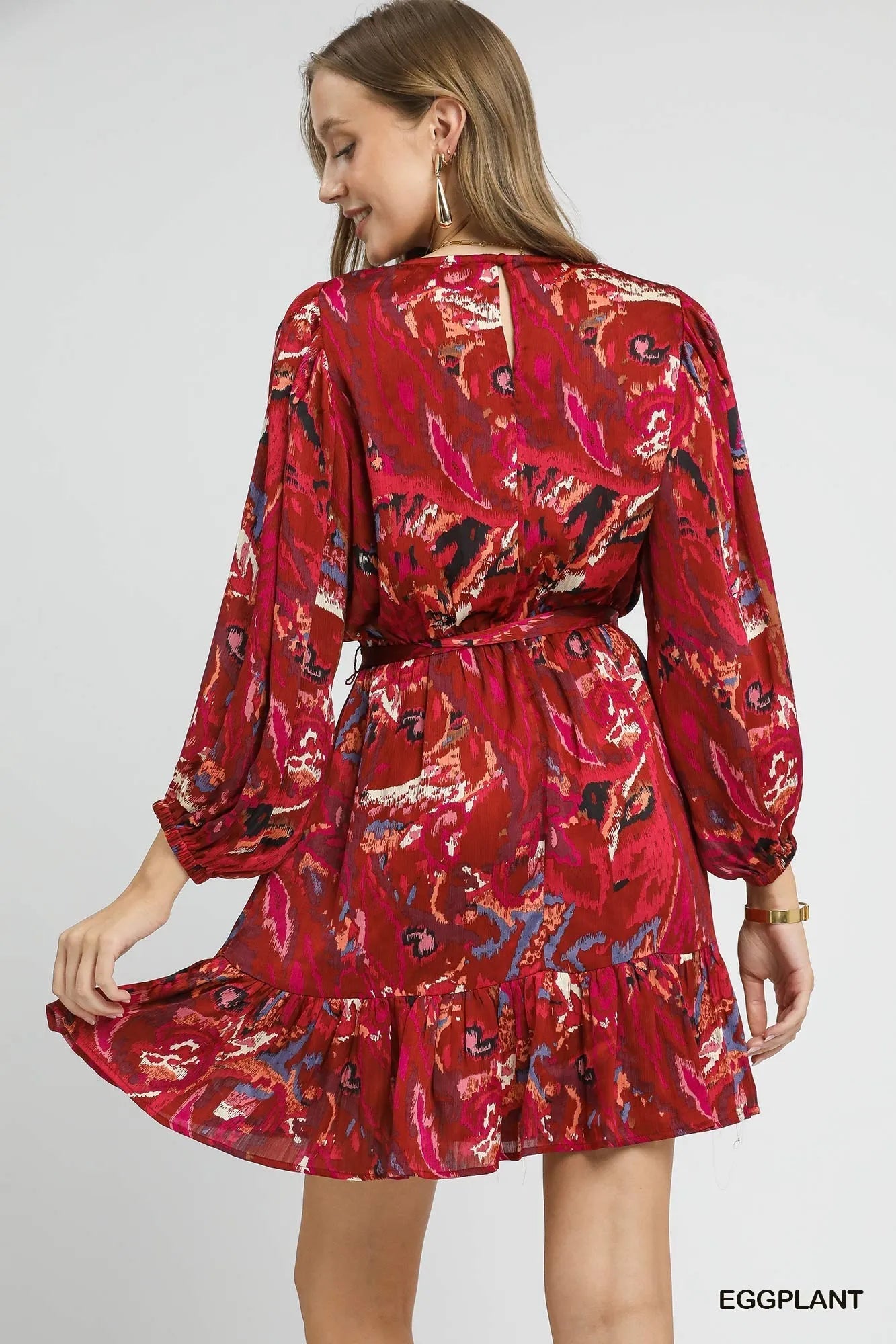 Umgee Ruffled Hem Printed Balloon Sleeve Dress 