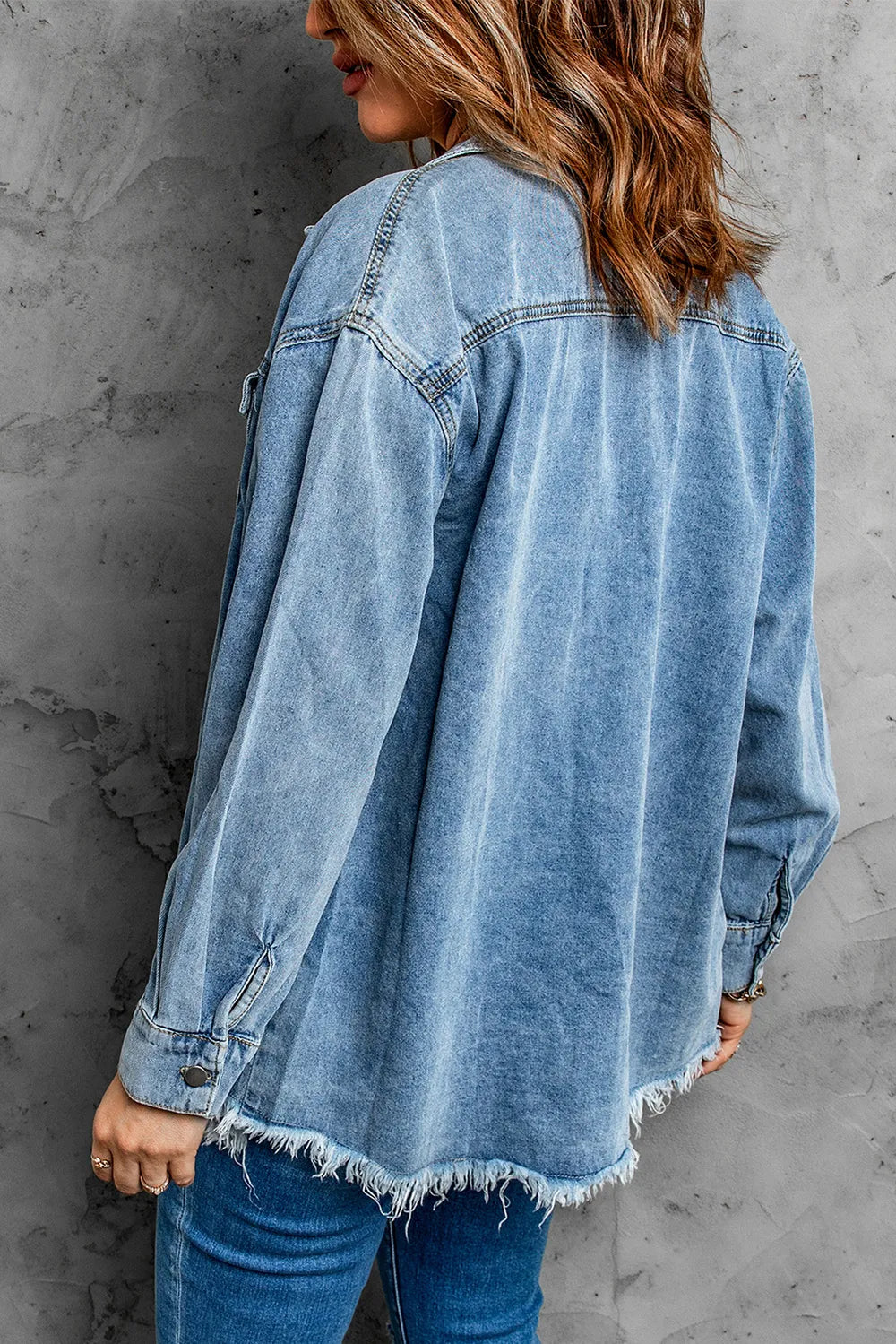 Button Up Pocketed Raw Hem Denim Jacket 