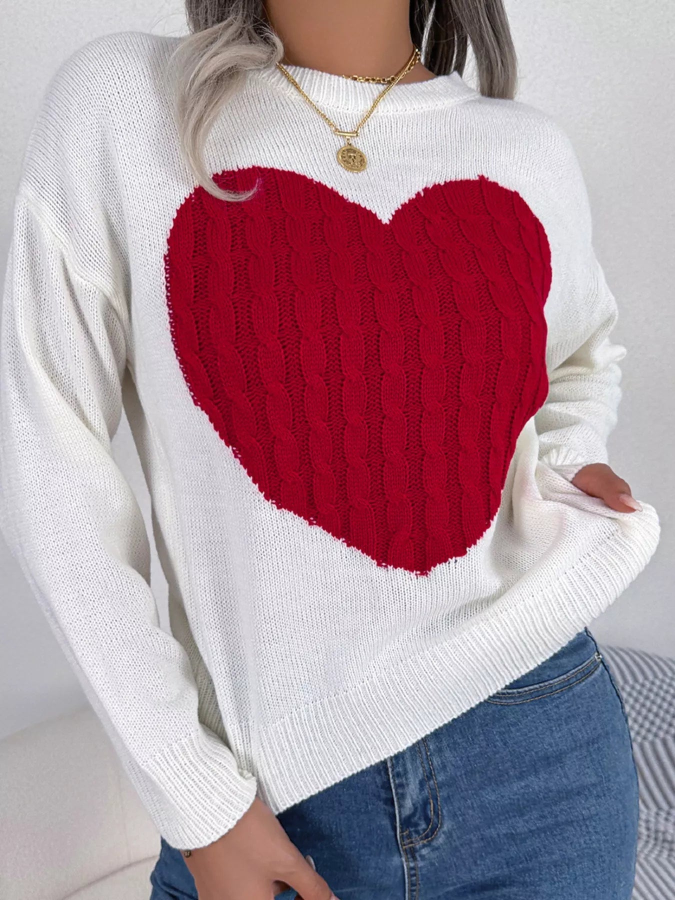 Cable Knit Heart Round Neck Sweater 