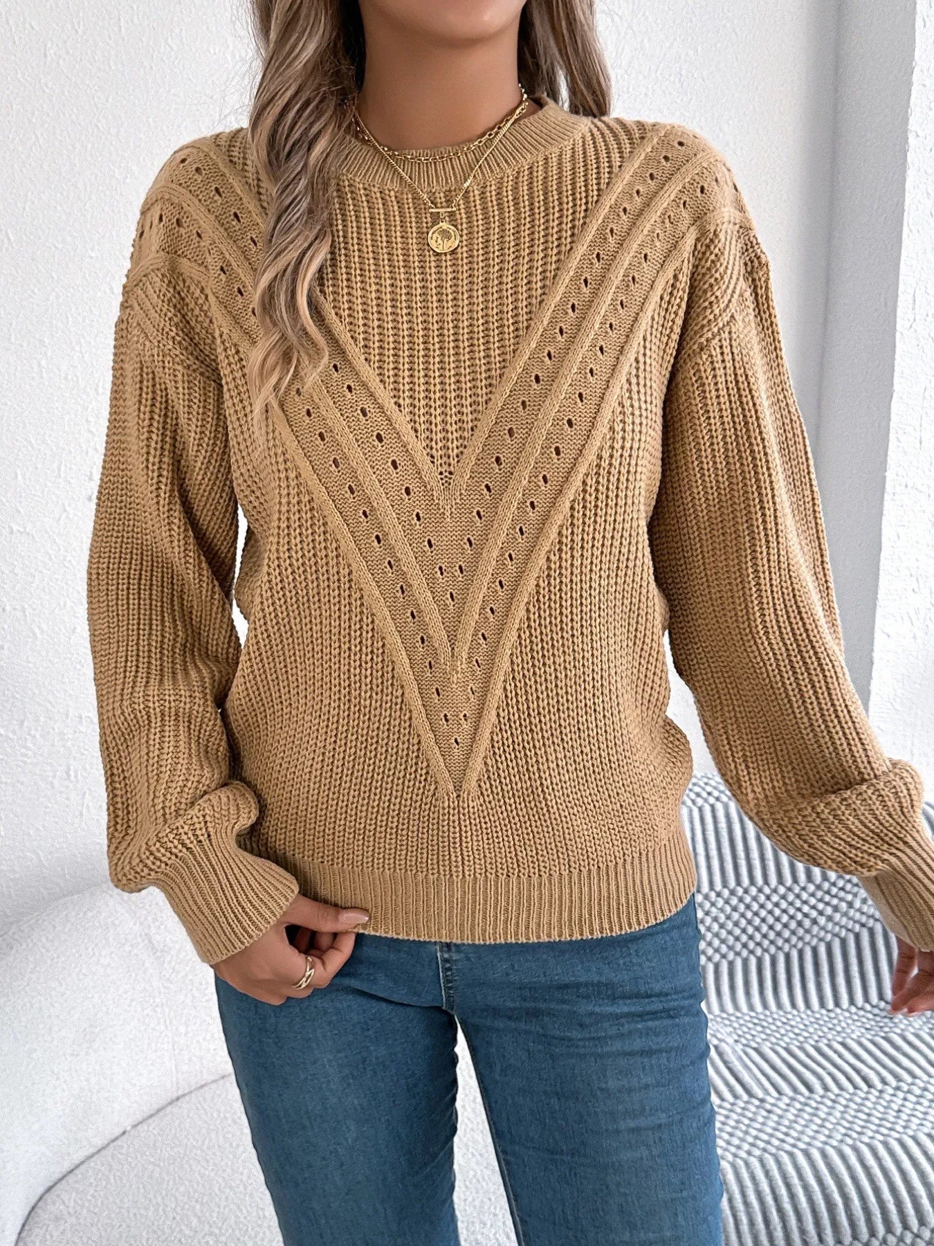 Openwork Round Neck Sweater 