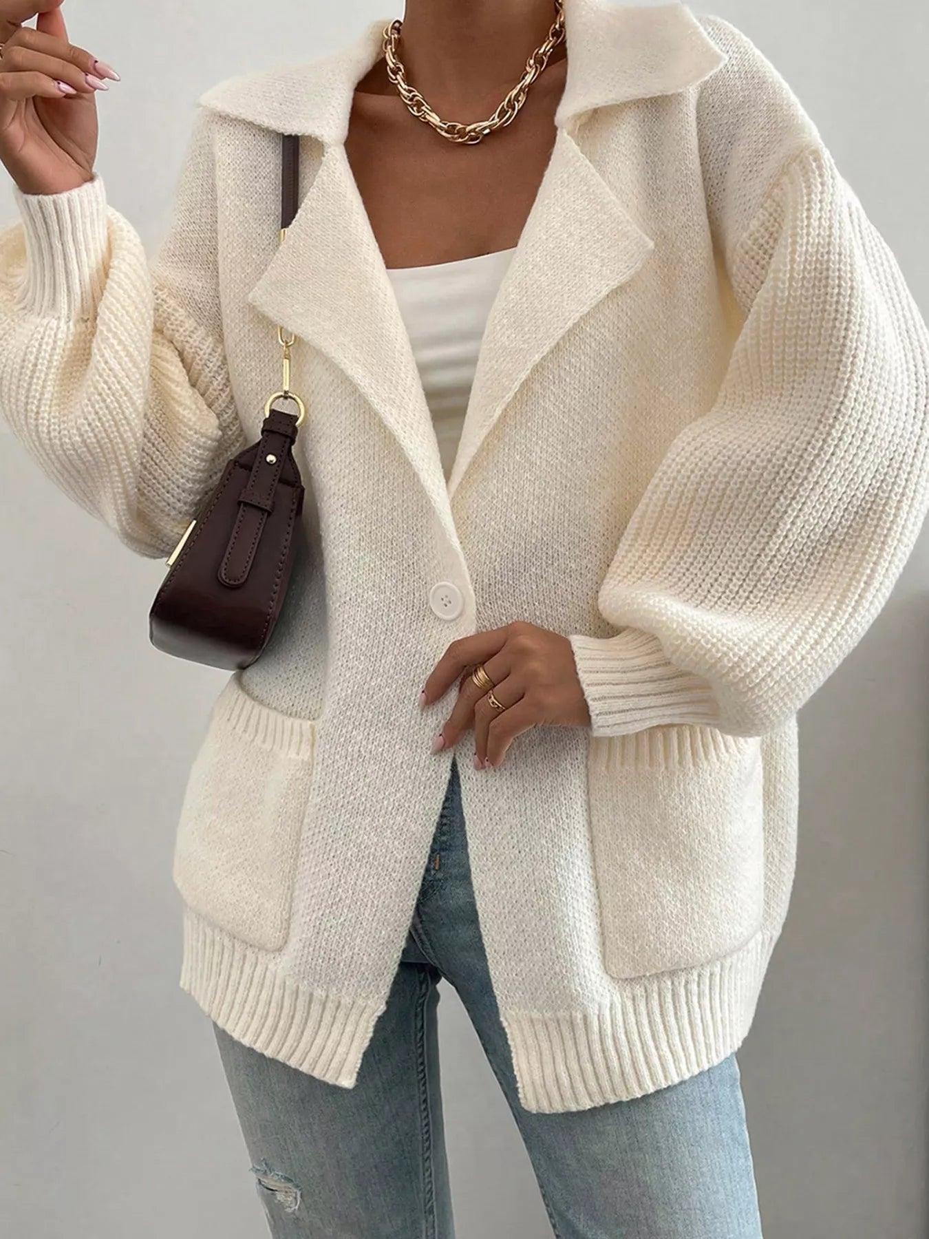 Solid Color Knit Lapel Collar Single Button Sweater Cardigan 