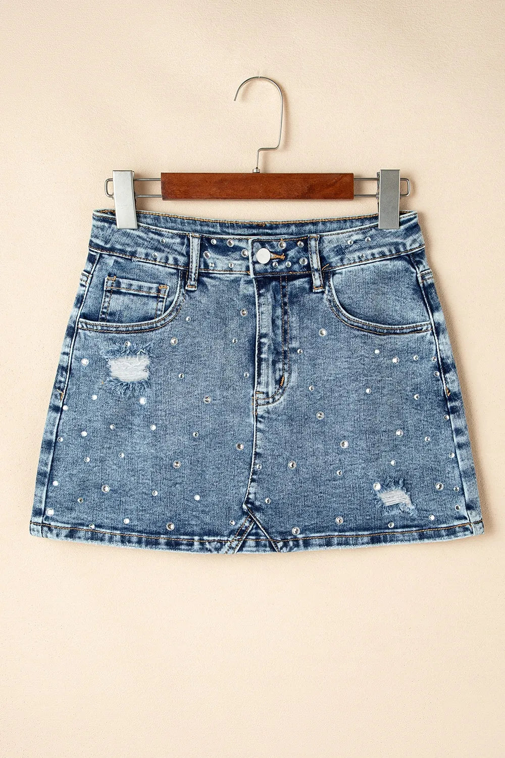 Rhinestone Distressed Denim Mini Skirt 