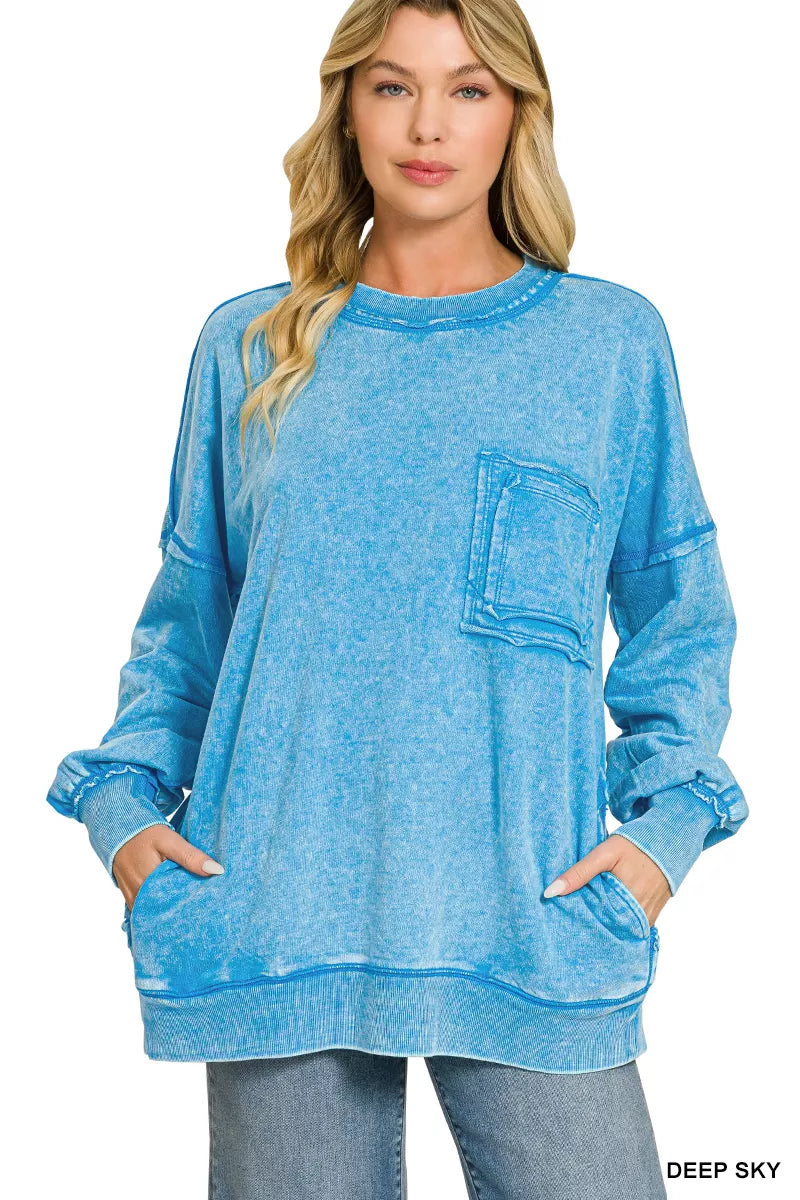 Zenana Acid Wash Raw Edge French Terry Sweatshirt with Front Pocket 