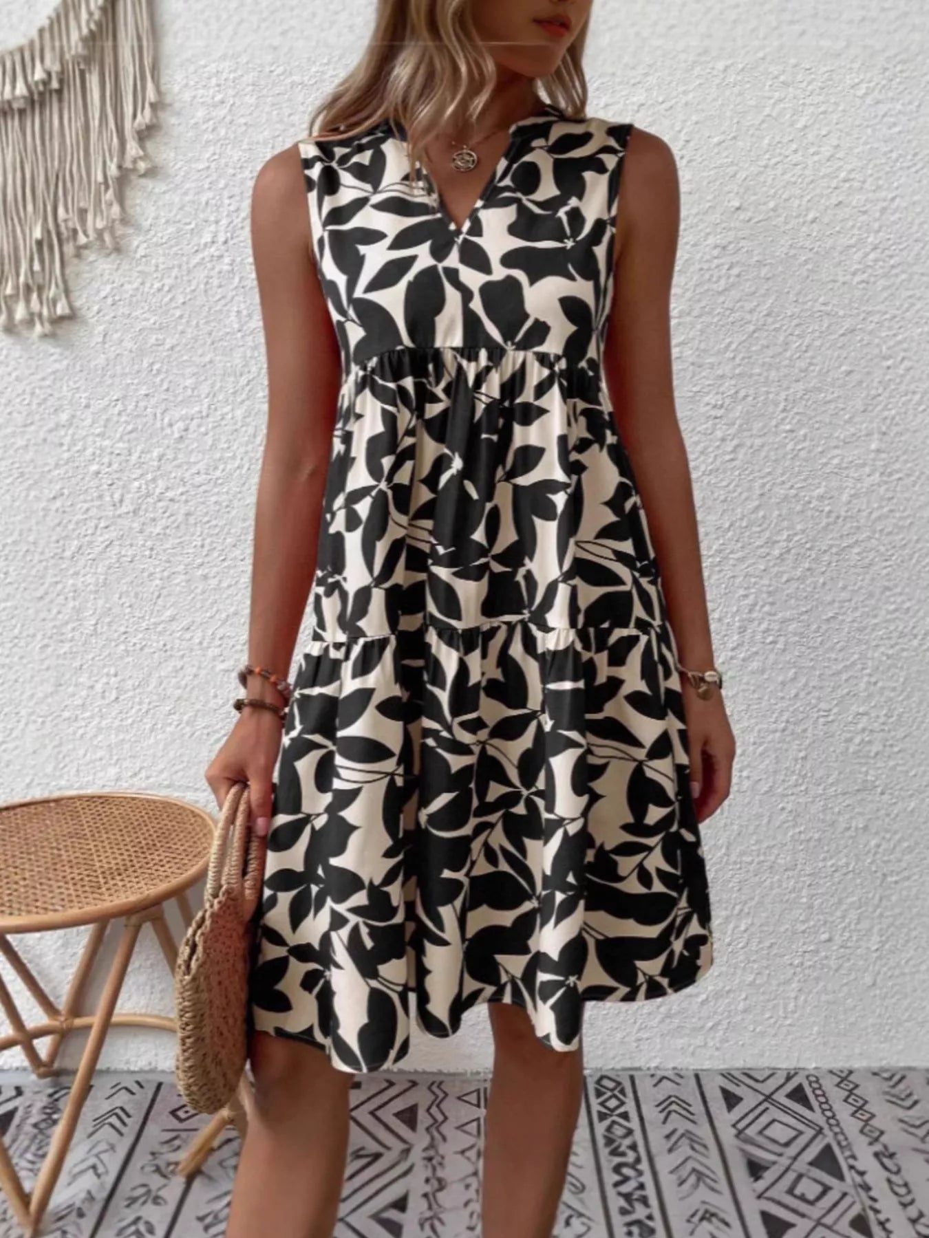 Full Size Printed Notched Sleeveless Mini Dress Plus Size 
