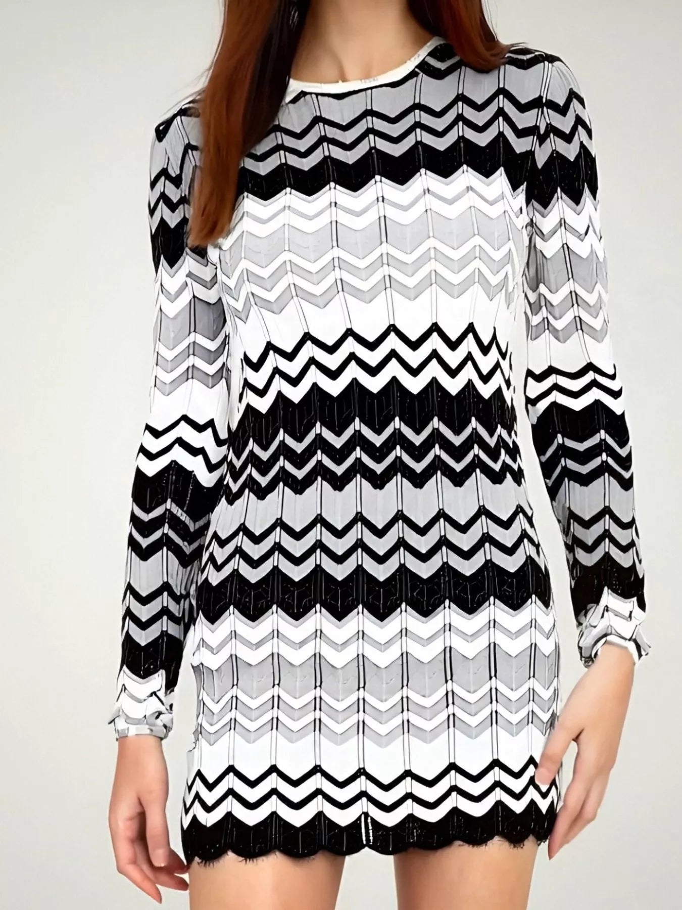 Openwork Wave Pattern Long Sleeve Sweater Dress 