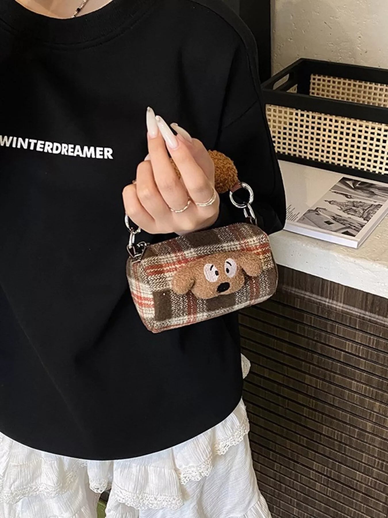 Plaid Pattern Plush Trim Crossbody Bag 