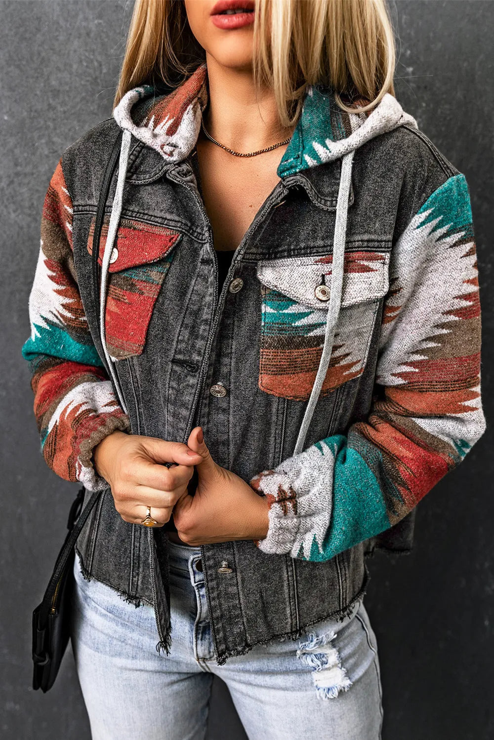 Drawstring Hooded Pocketed Denim Jacket 