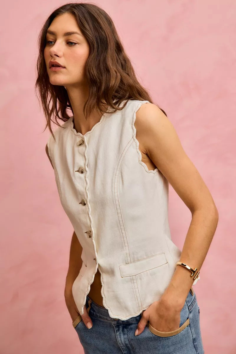 SO ME Scalloped Edge Cotton Twill Washed Vest Top 