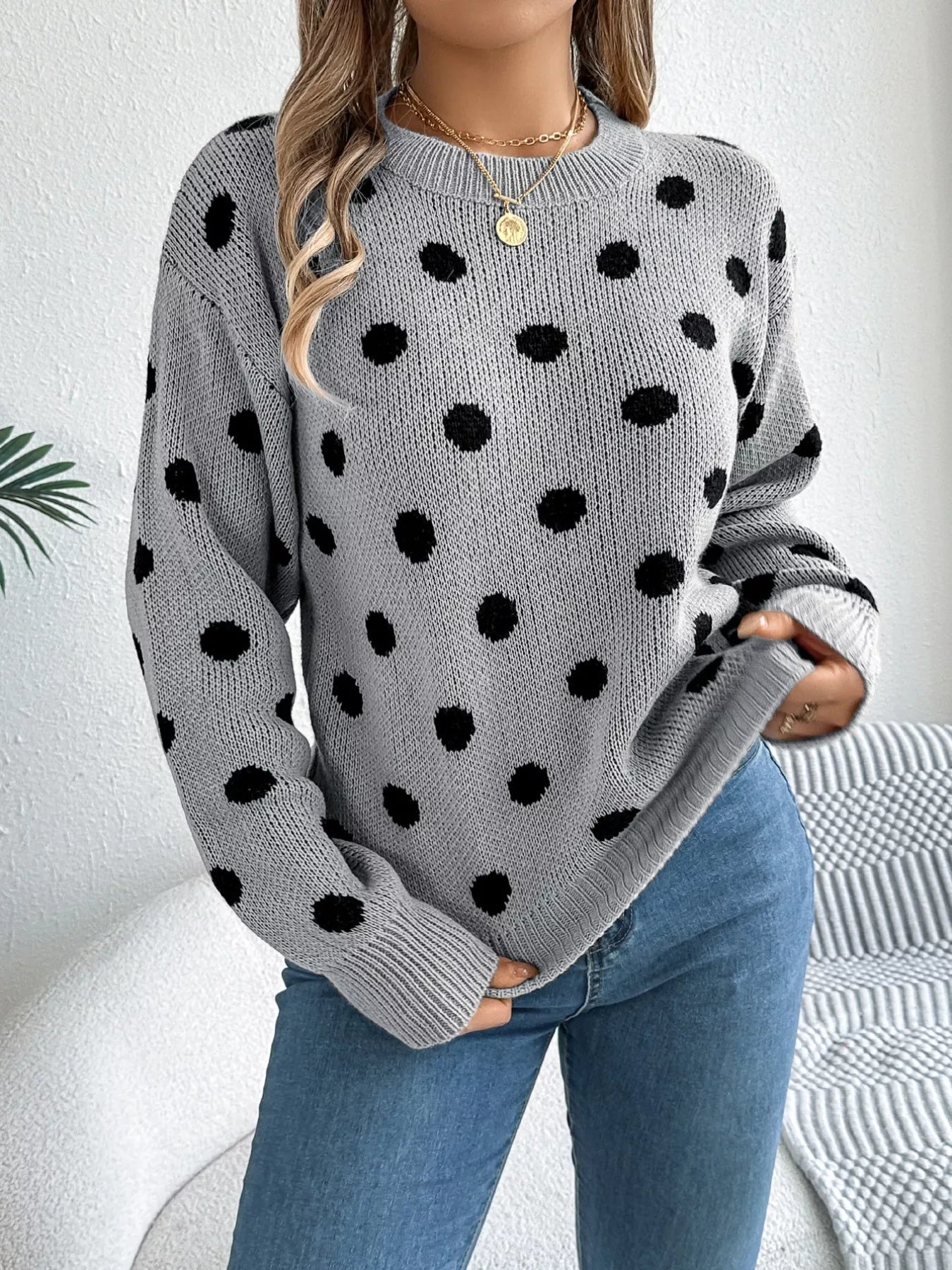 Polka Dot Round Neck Sweater 