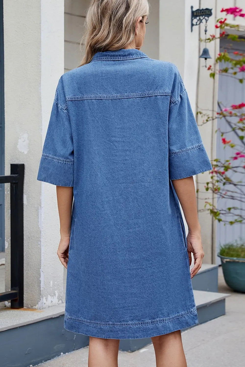 Johnny Collar Half Sleeve Denim Dress 