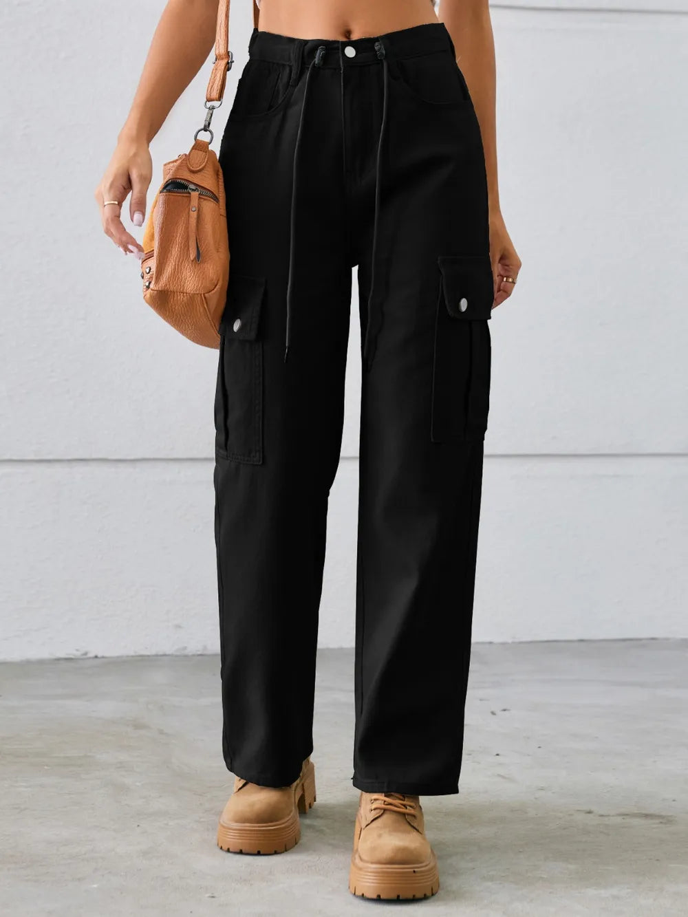 Drawstring Mid-Rise Waist Straight Cargo Jeans 