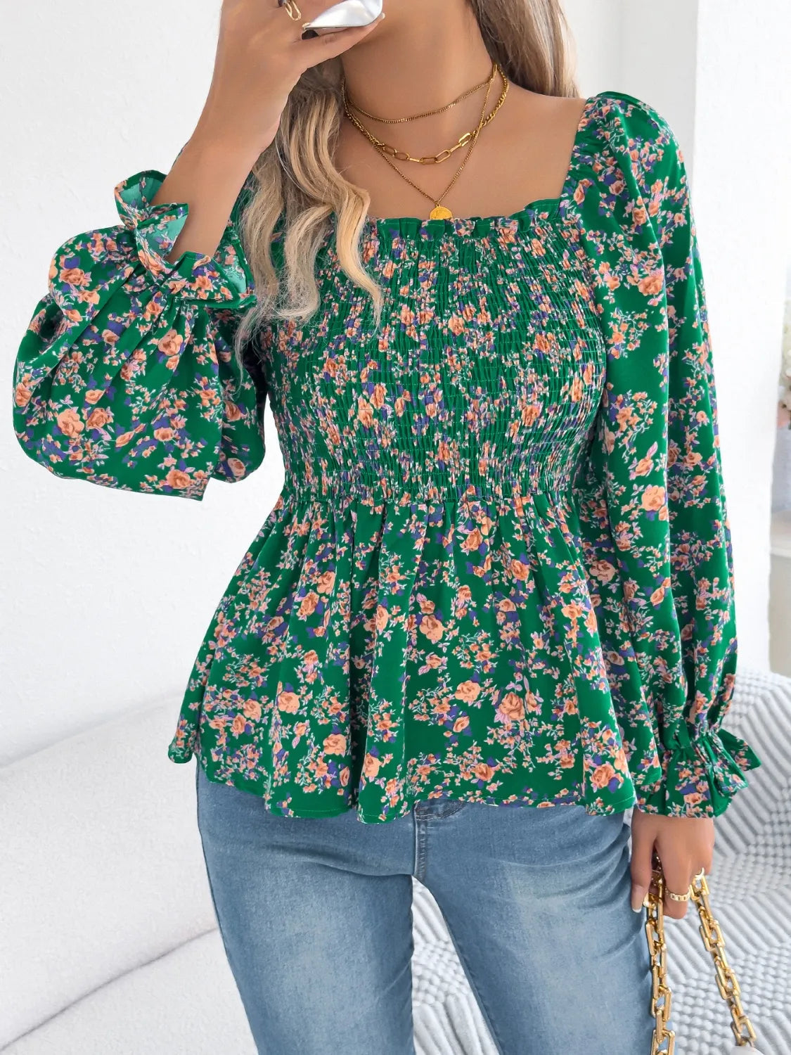 Floral Square Neck Flounce Sleeve Blouse 
