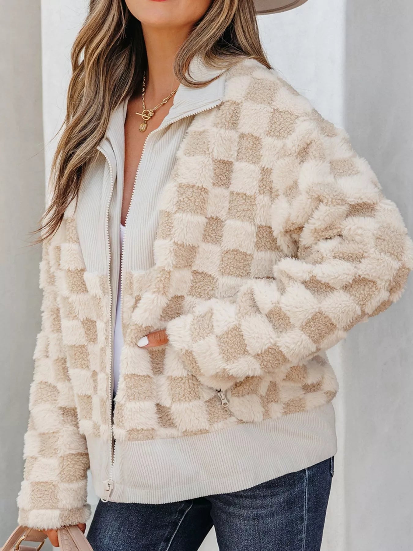 Checker Sherpa Corduroy Patchwork Zip Up Jacket 