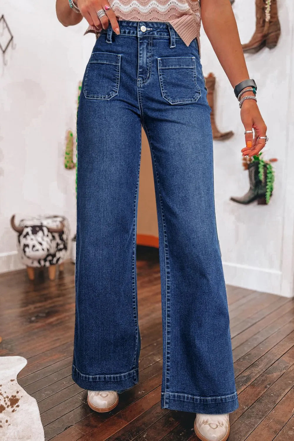 Front Pocket Patch High Waisted Wide Leg Jeans 