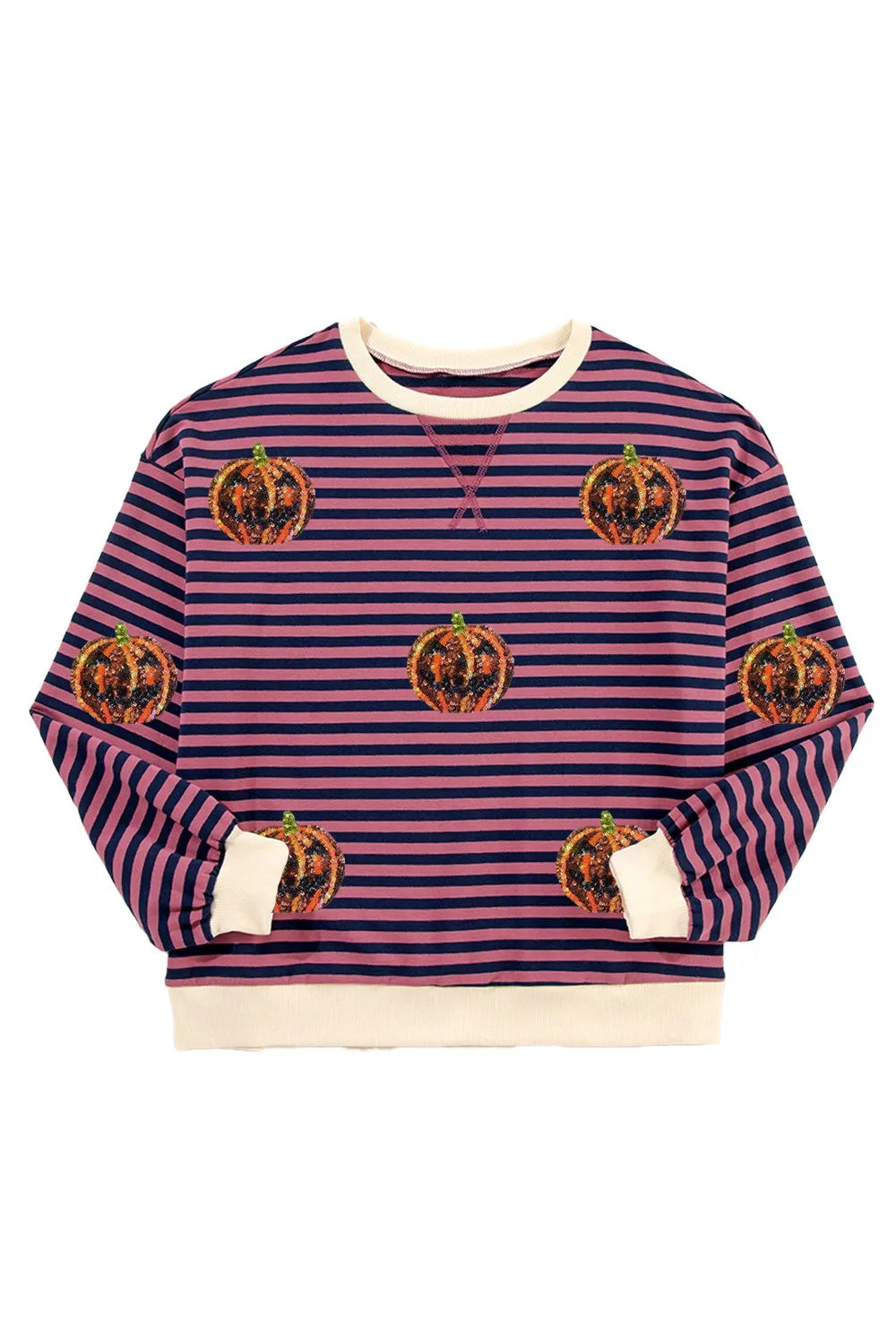 Pumpkin Striped Round Neck Long Sleeve Sweatshirt 