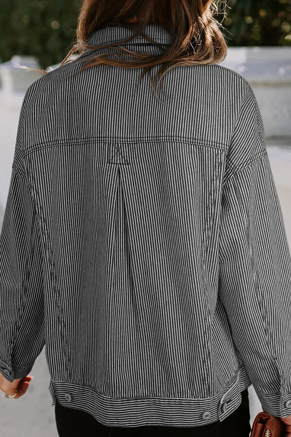 Striped Button Up Long Sleeve Denim Jacket 