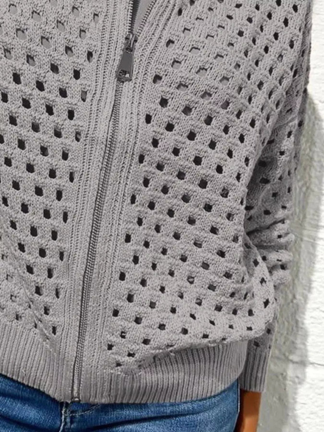 Full Size Zip Up Long Sleeve Cardigan with Eyelet Detail Plus Size 