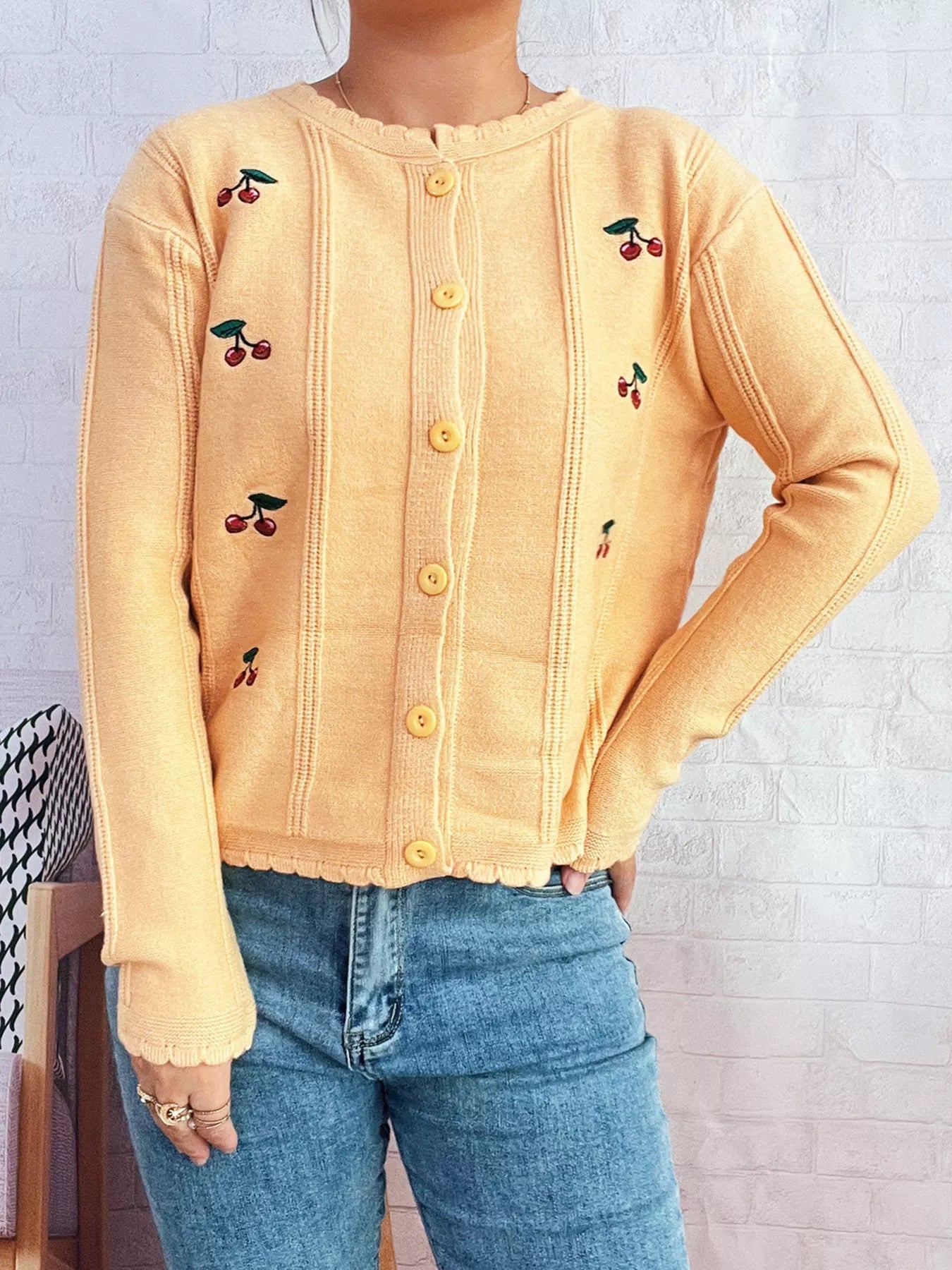 Cherry Embroidered Button Up Cardigan 