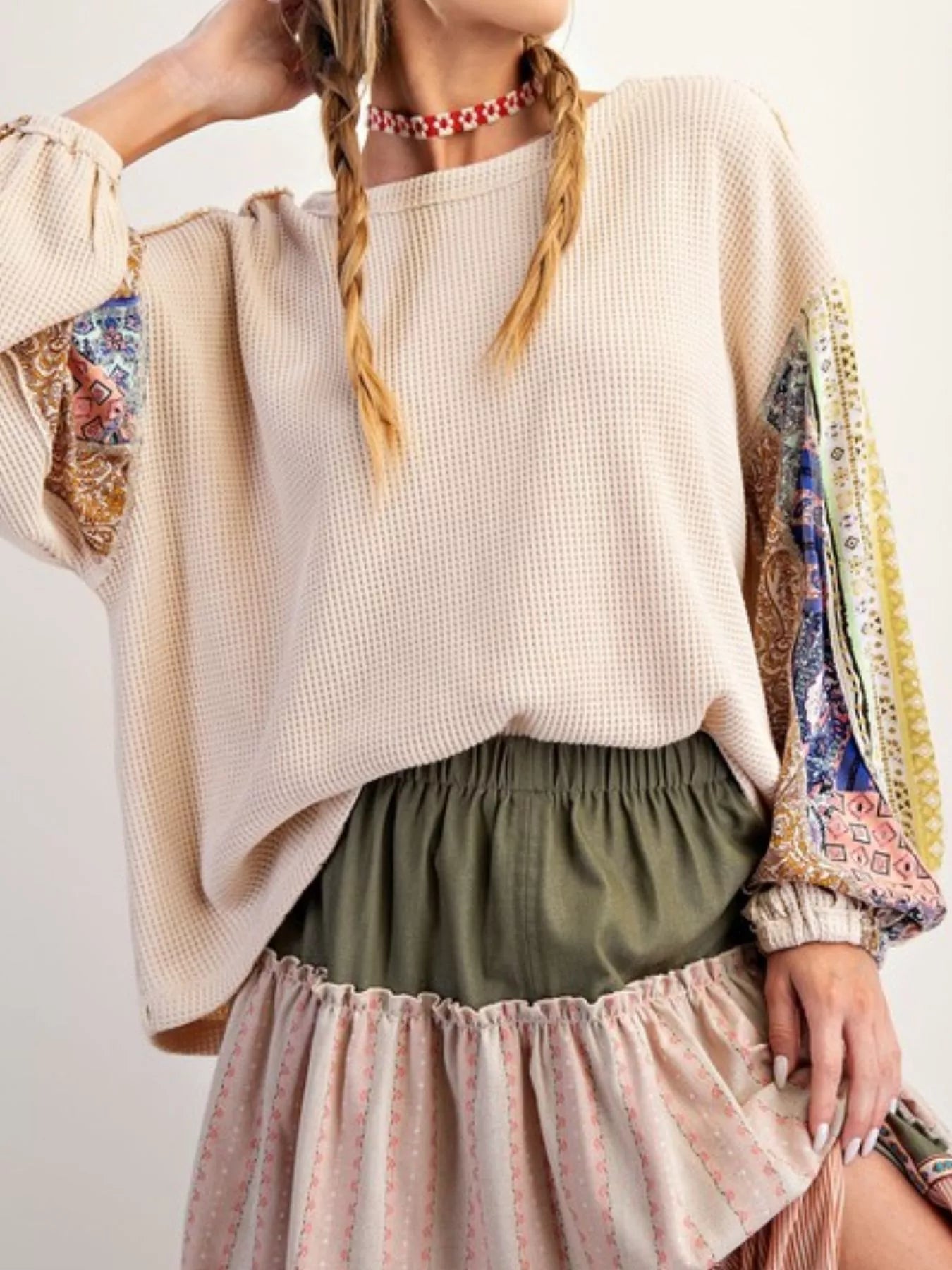 Waffle Knit Round Neck Dropped Shoulder Sweatshirt 