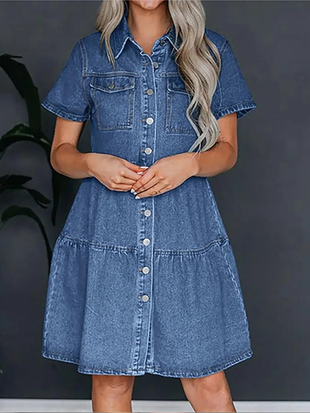 Pocketed Button Up Collared Neck Short Sleeve Denim Dress 