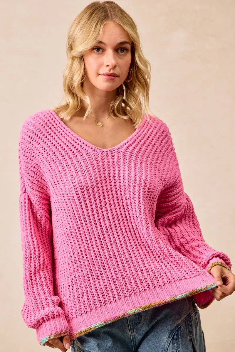 BiBi V-Neck Sweater with Colorful Trim 