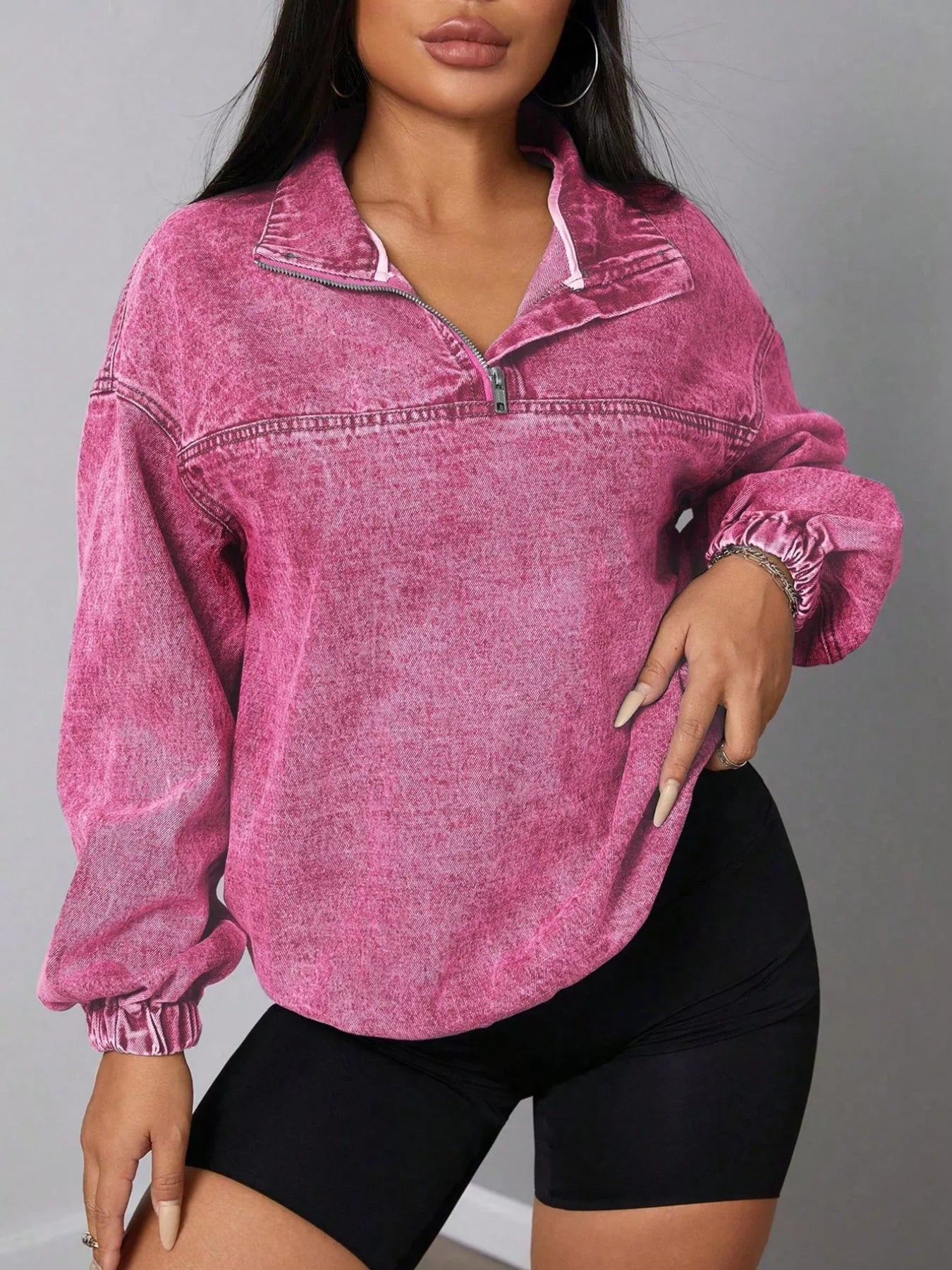 Zip Collar Long Sleeve Denim Top 