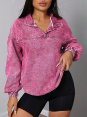 Zip Collar Long Sleeve Denim Top 