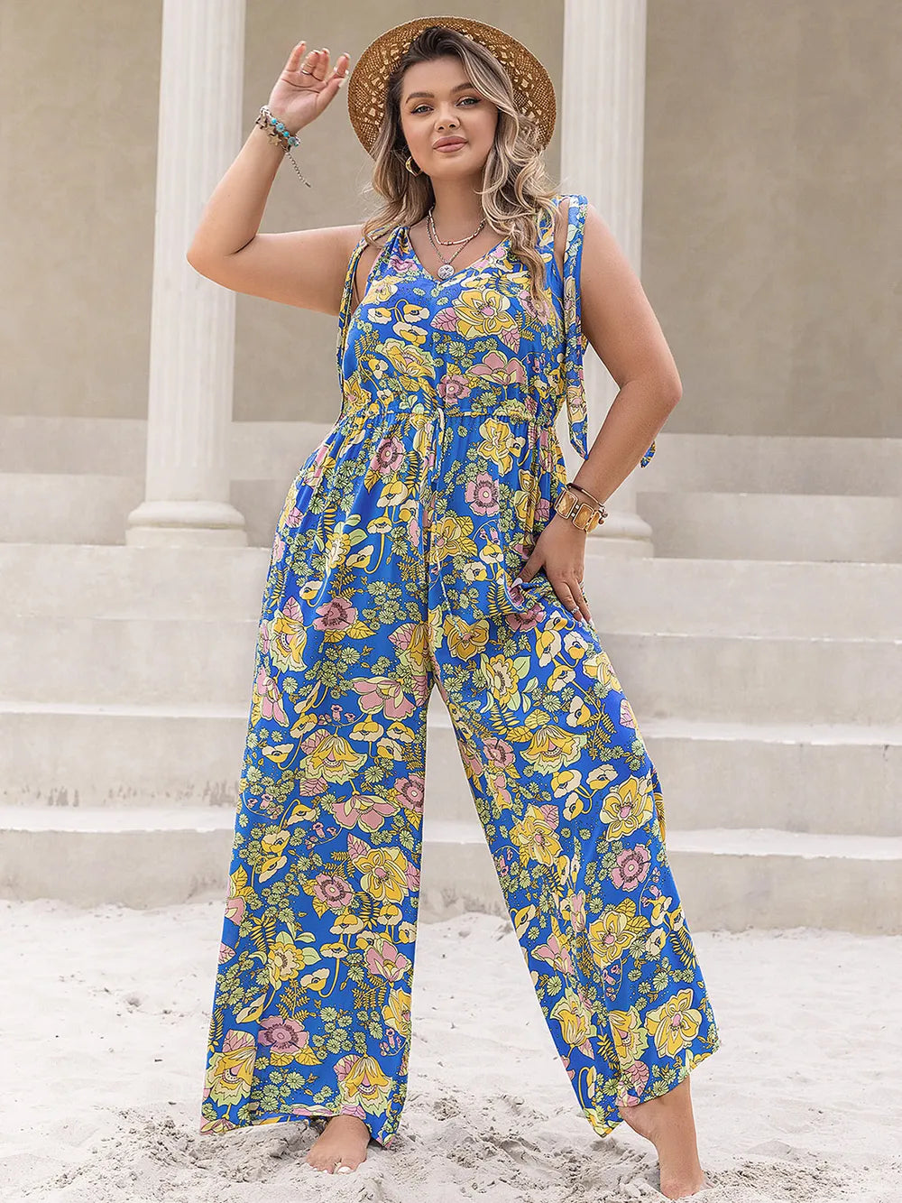 Plus Size Printed V-Neck Wide Leg Jumpsuit 
