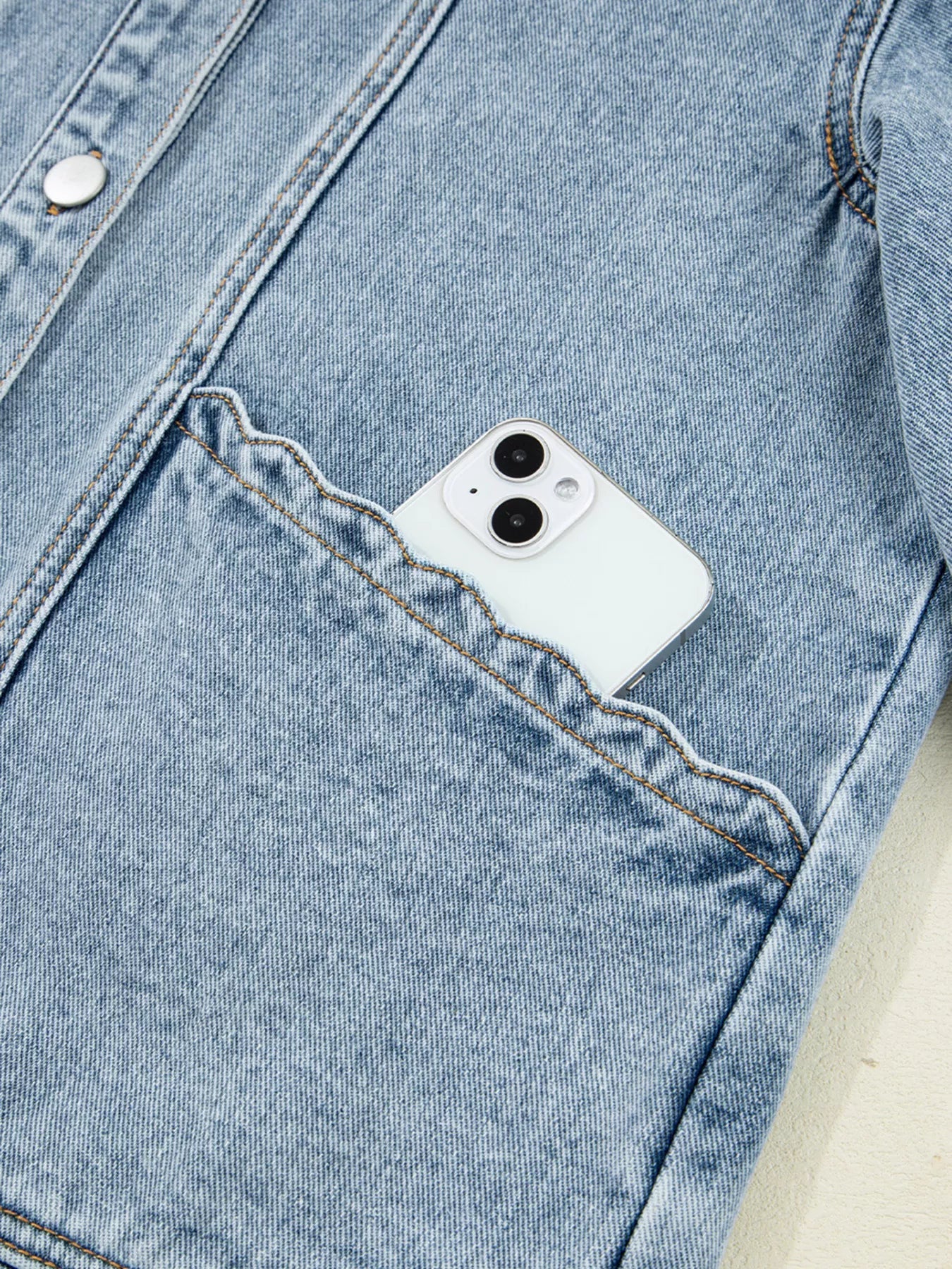 Scallop Trim Collar Patched Pocket Button Up Denim Jacket 