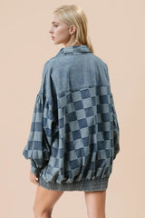 Double Take Checkered Button Up Denim Jacket 