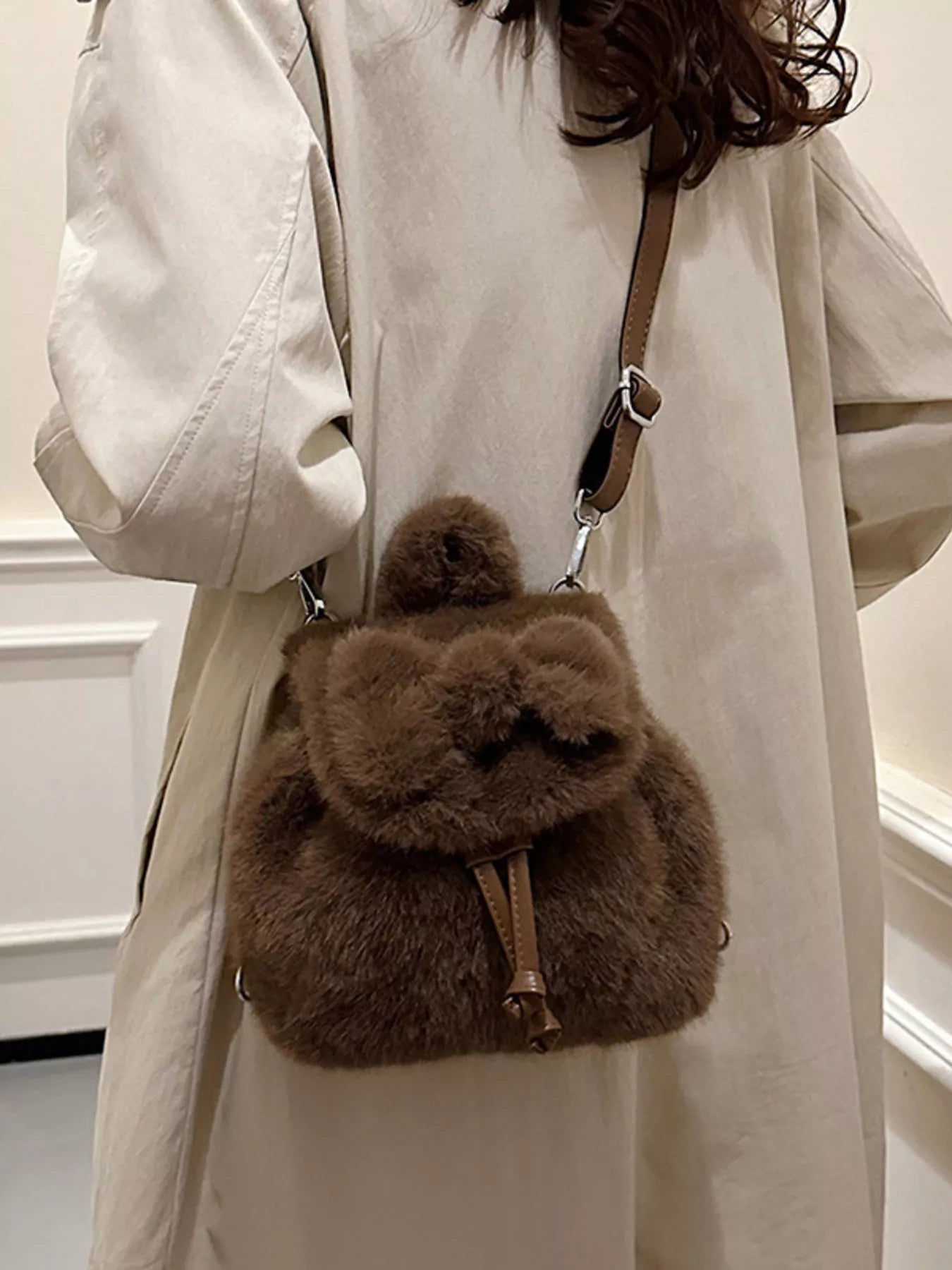 Fuzzy Plush Drawstring Backpack Bag 