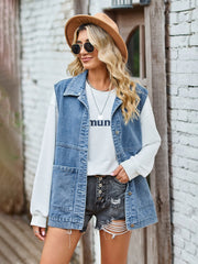 Button Front Sleeveless Denim Jacket 