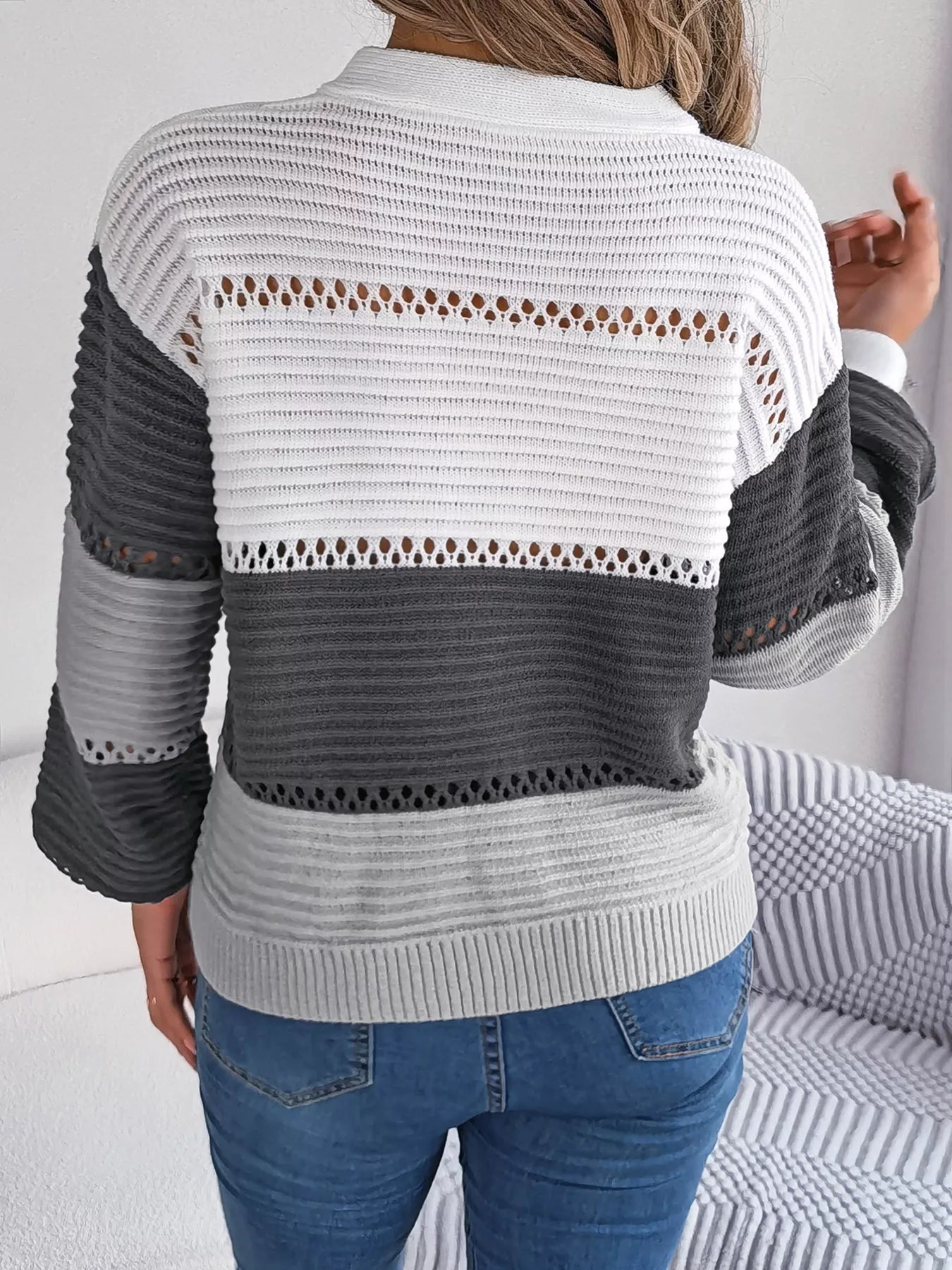 Color Block Striped V-Neck Button Detail Sweater 