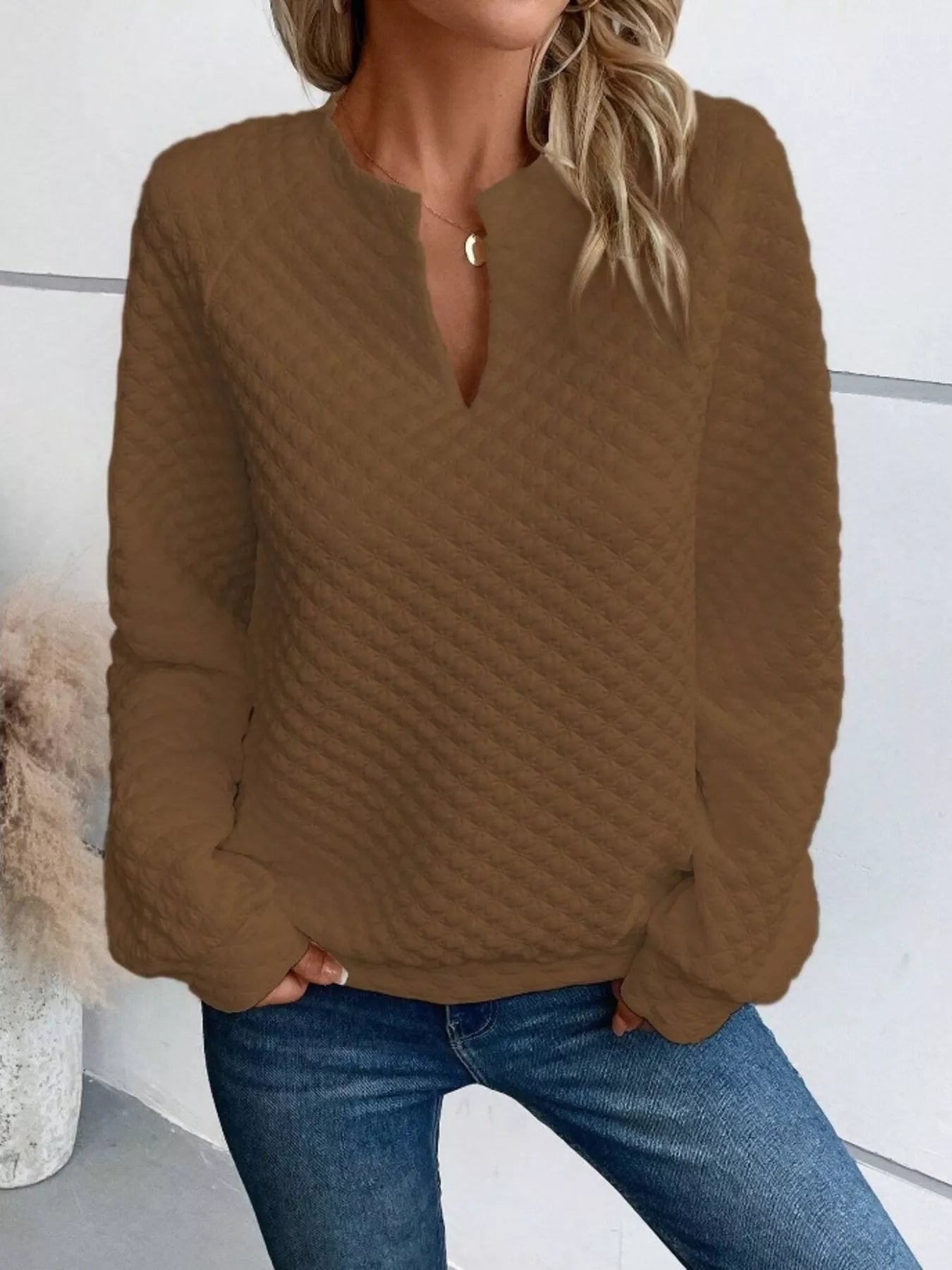 Textured Notched Raglan Sleeve Sweatshirt 