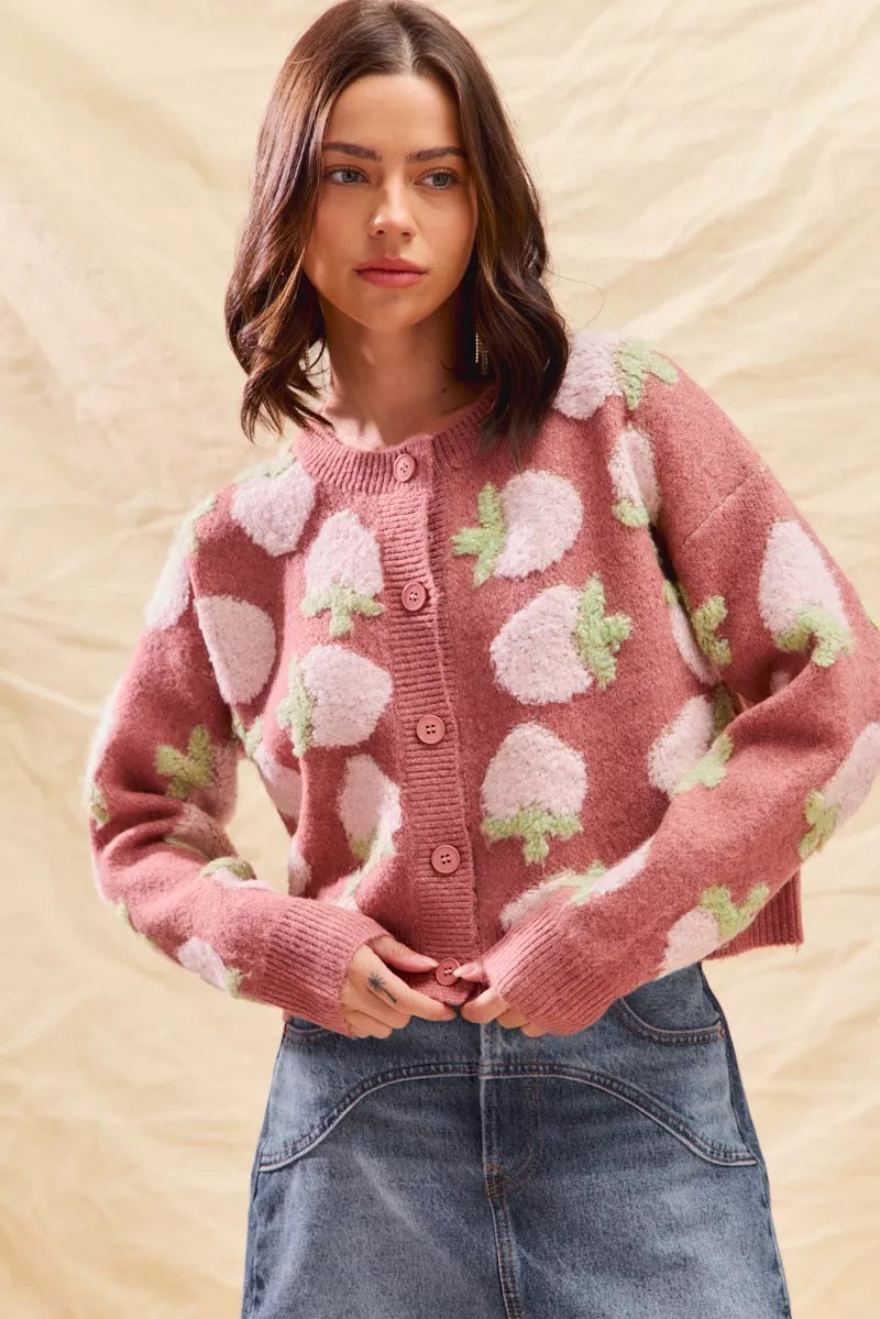 SO ME Strawberry Fruit All Over Button Sweater Cardigan 