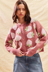 SO ME Strawberry Fruit All Over Button Sweater Cardigan 
