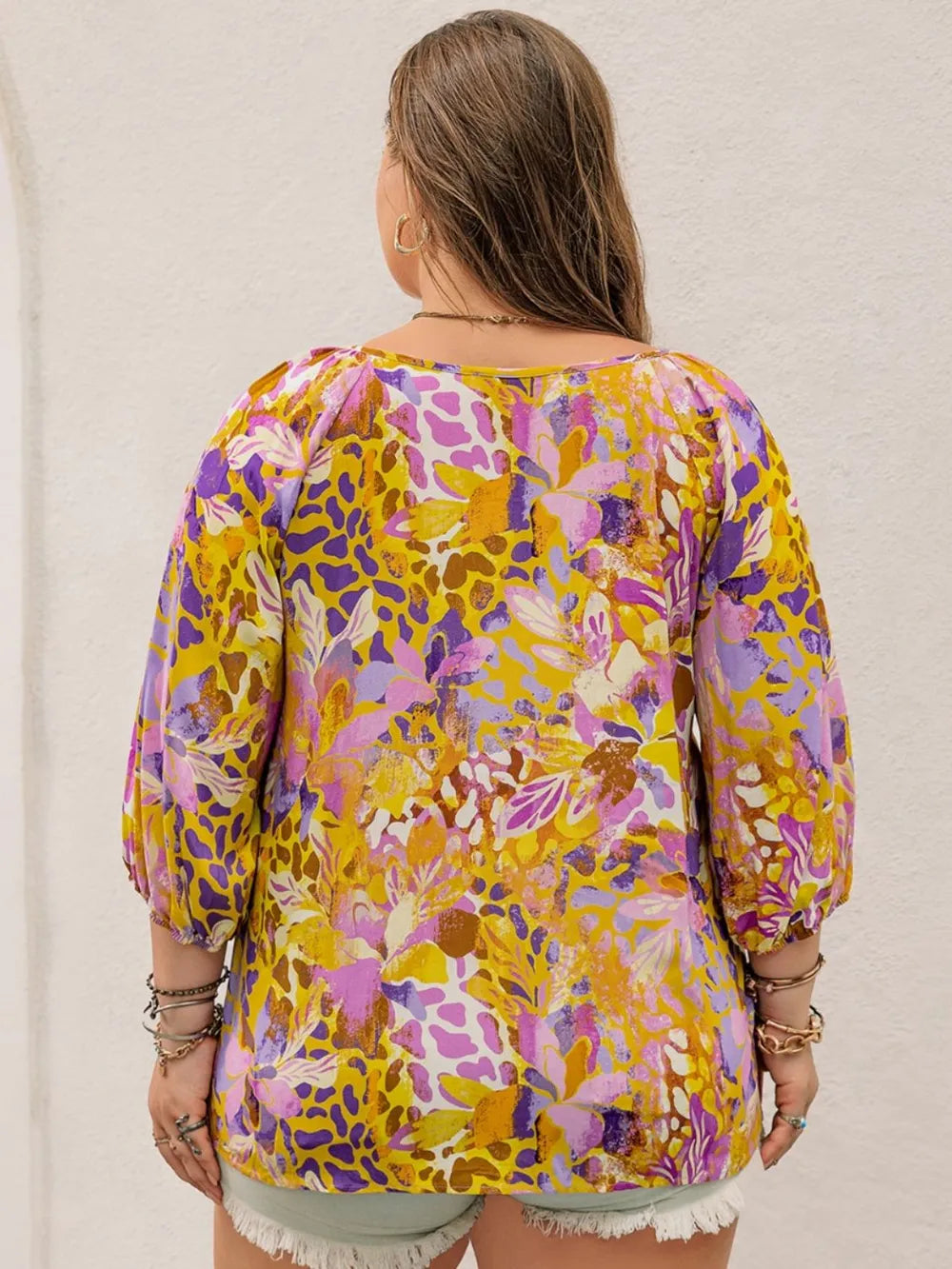Plus Size Printed Tie Neck Blouse 
