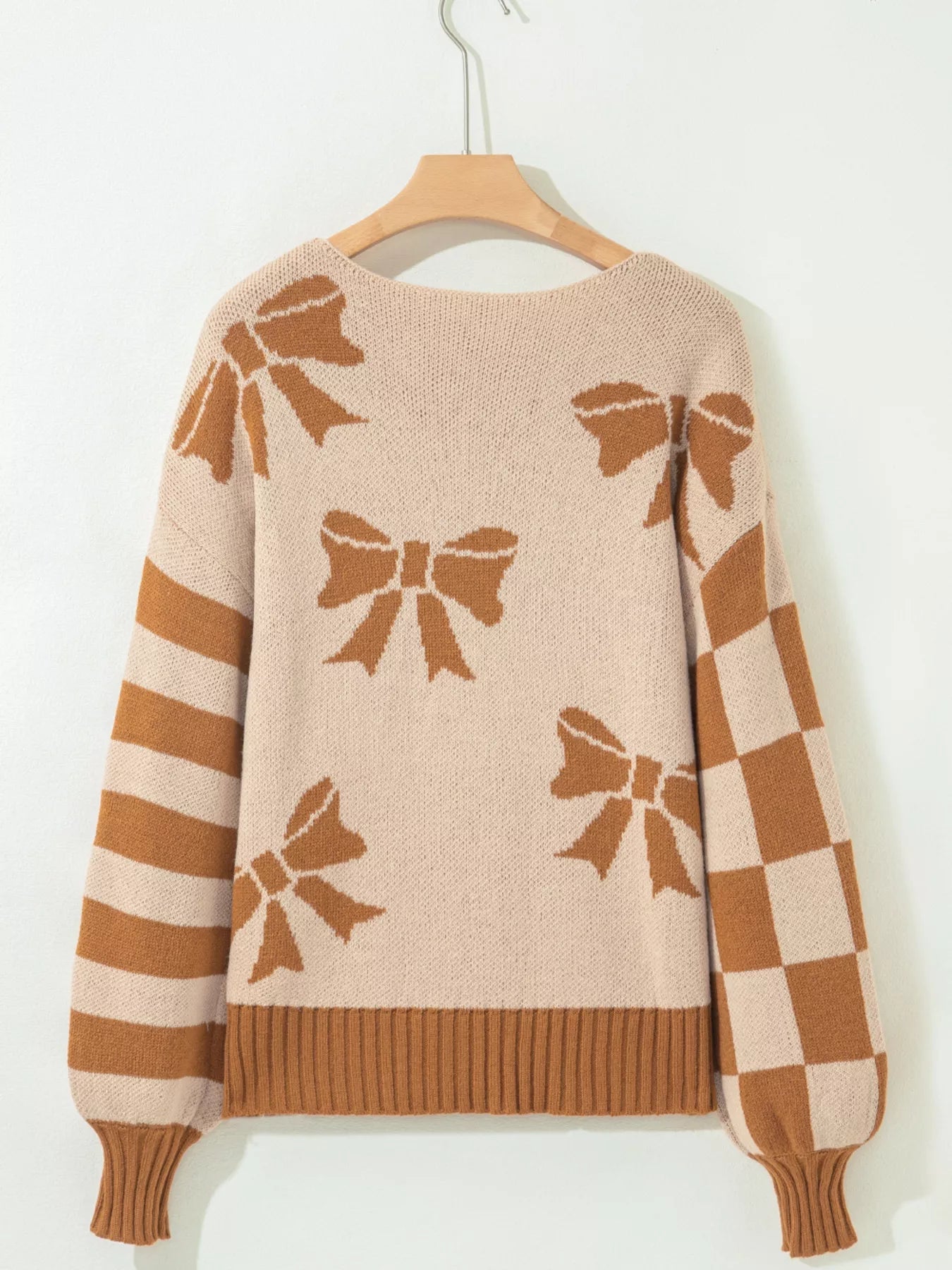 Ribbon Bow Checkered Striped Sleeve Drop Shoulder Sweater 