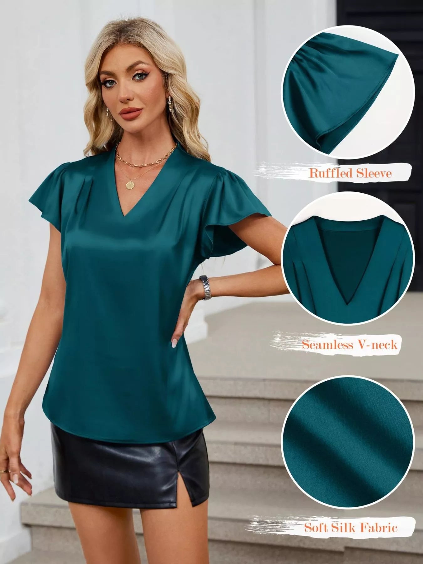 Satin V-Neck Flutter Sleeve Blouse 