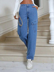 High Waist Straight Leg Jeans with Pockets 