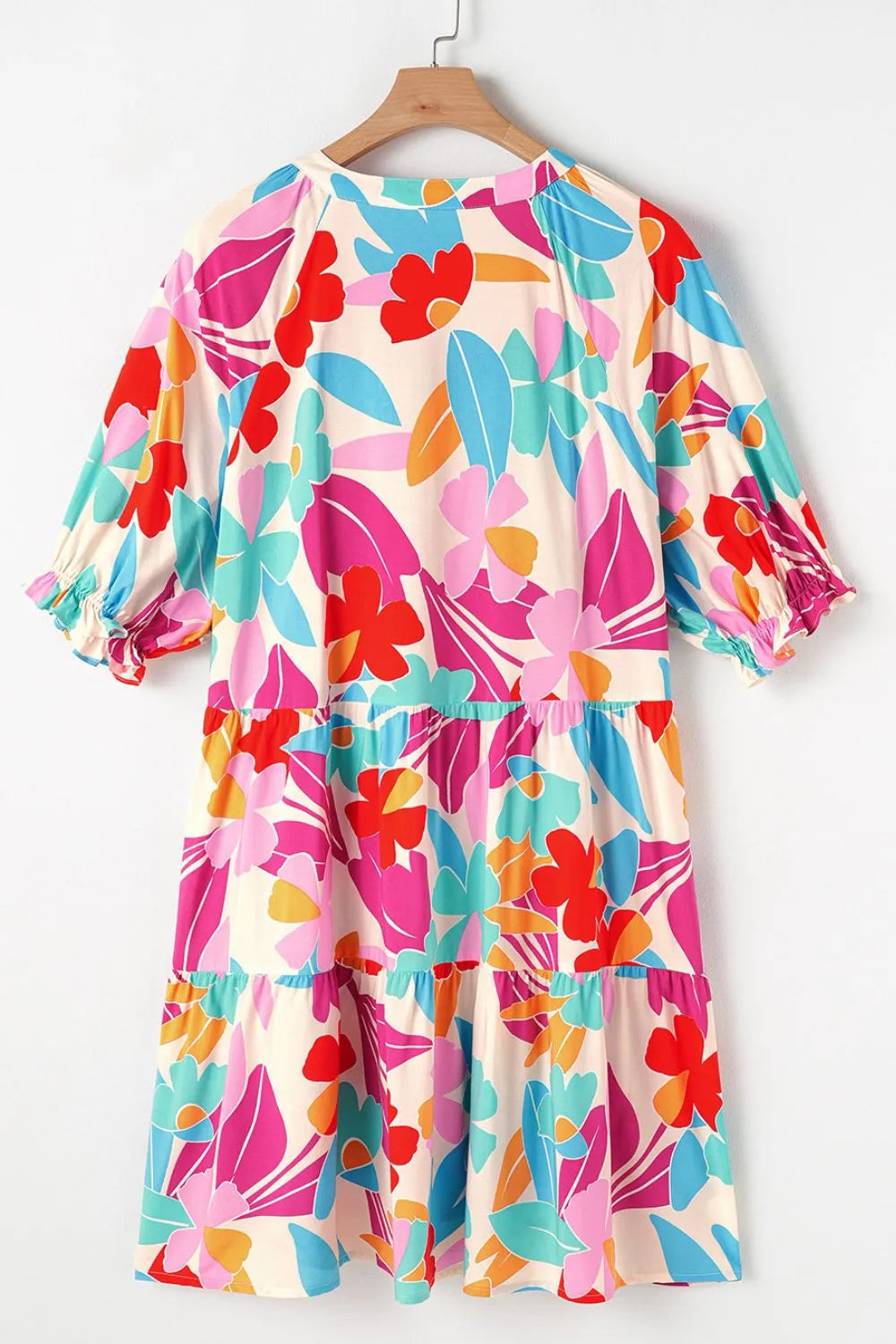 Floral Bubble Sleeve V Neck Tiered Ruffle Babydoll Dress 