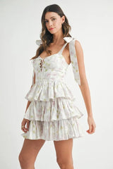 MABLE Floral Print Shoulder Tie Layered Mini Dress 