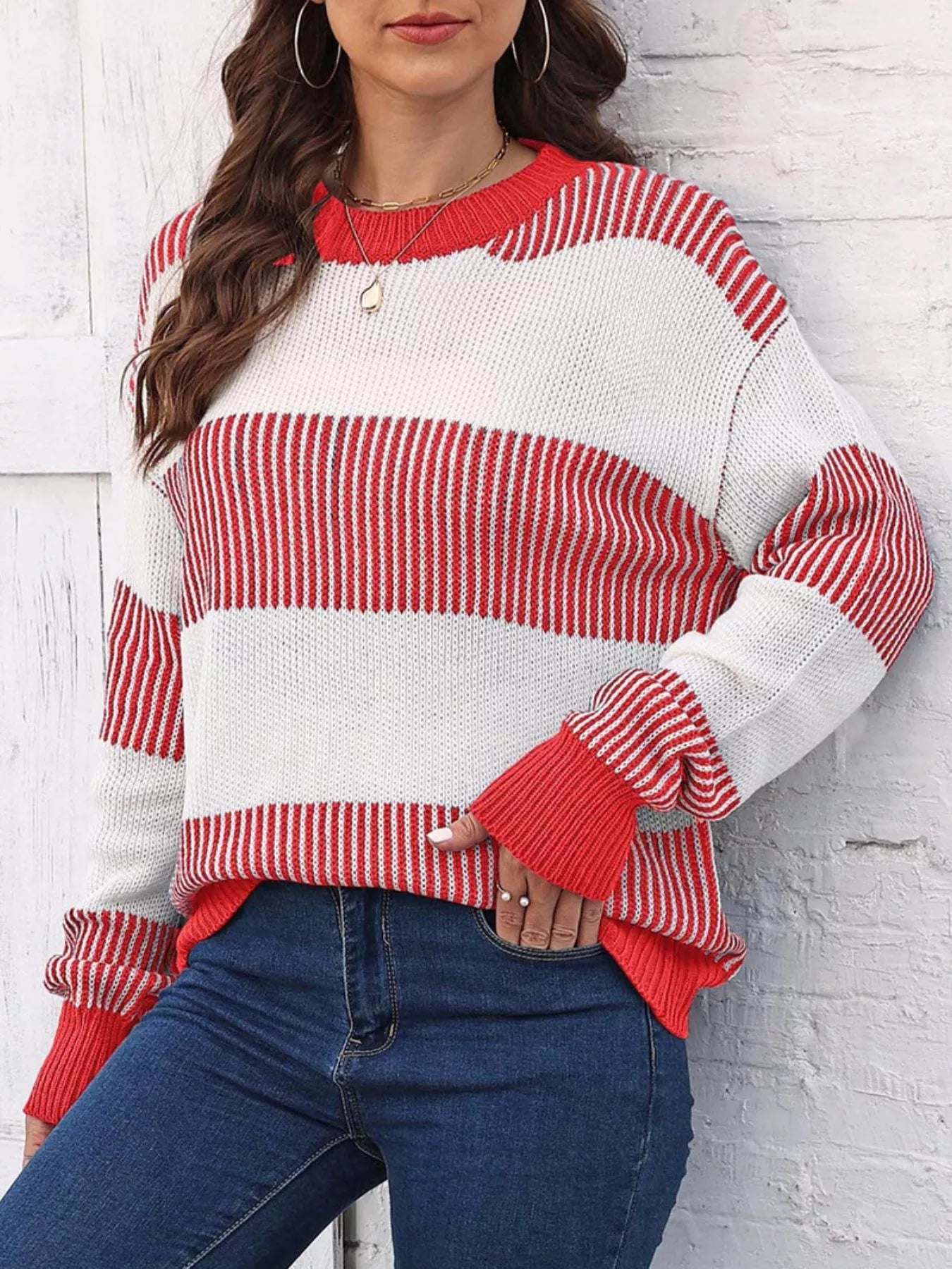 Full Size Color Block Dropped Shoulder Sweater Plus Size 