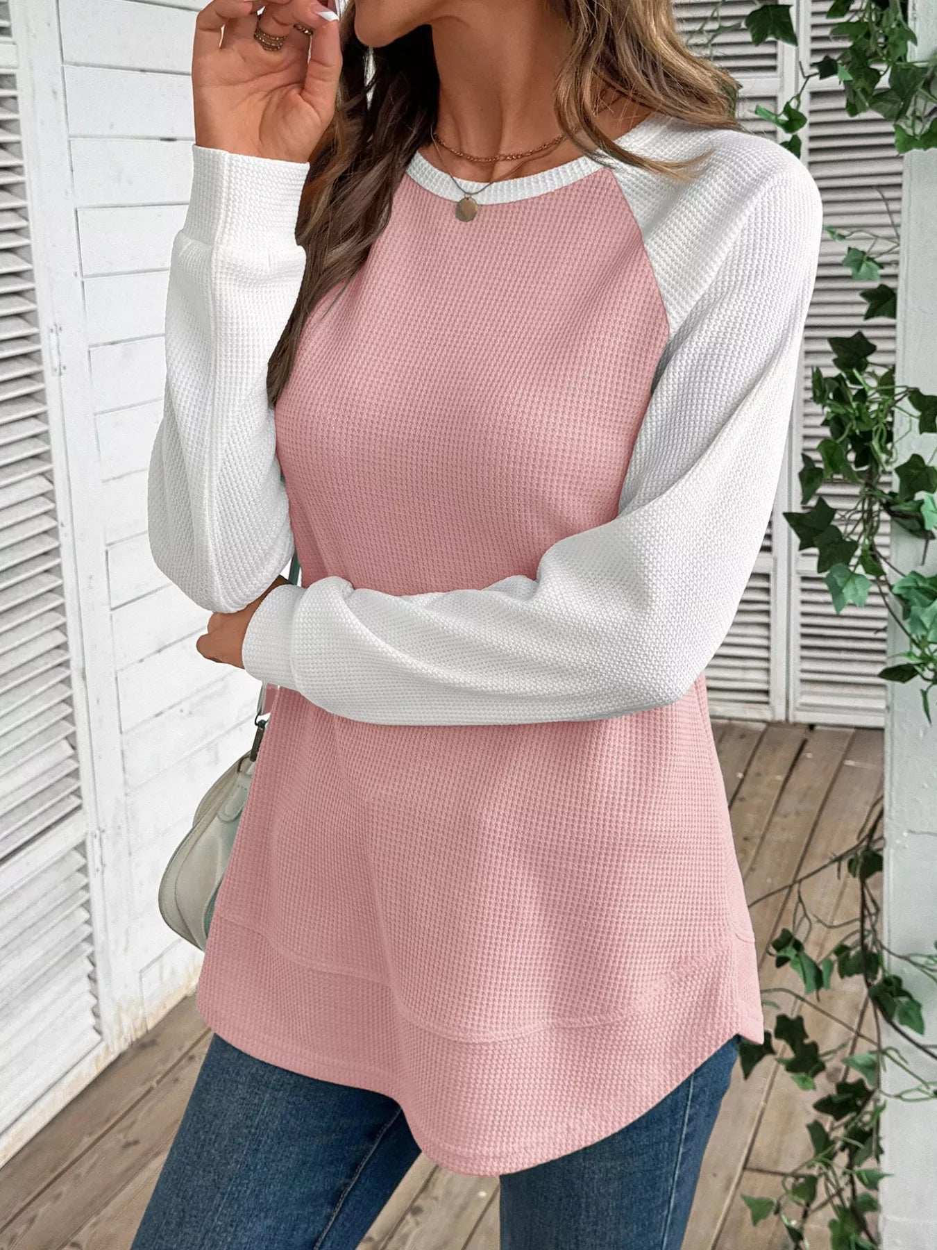 Contrast Raglan Sleeve Waffle Knit T-Shirt 