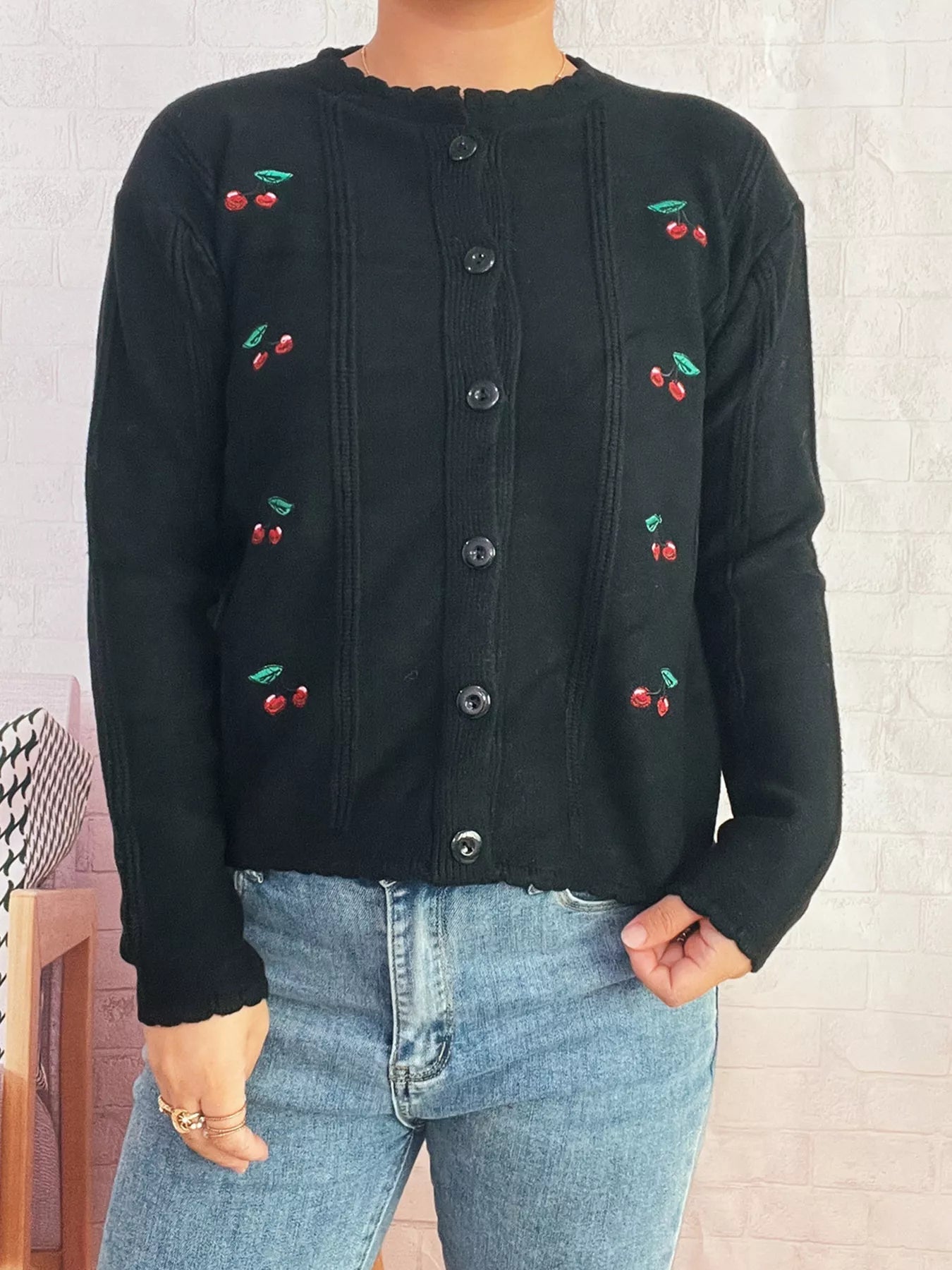 Cherry Embroidered Button Up Cardigan 