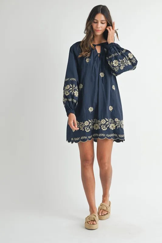 MABLE Embroidered Long Sleeve Peasant Mini Dress 